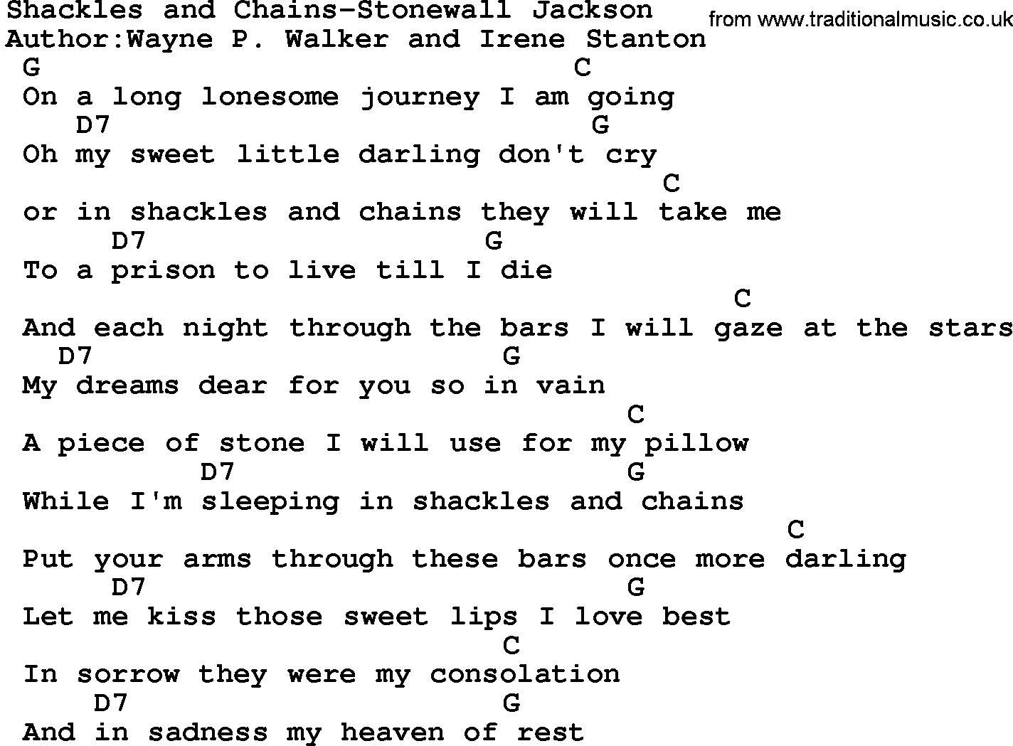 Country music song: Shackles And Chains-Stonewall Jackson lyrics and chords