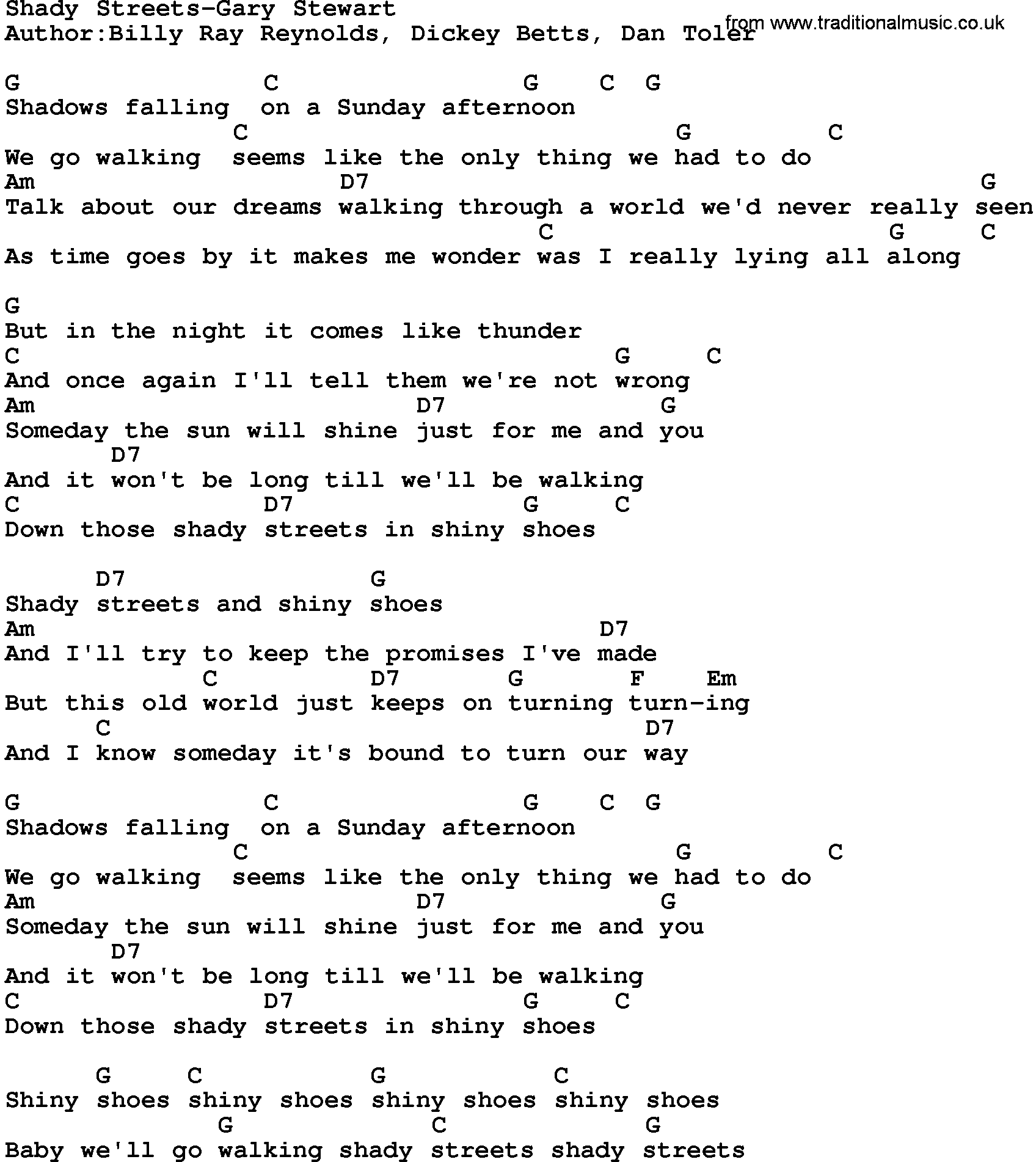 Country music song: Shady Streets-Gary Stewart lyrics and chords