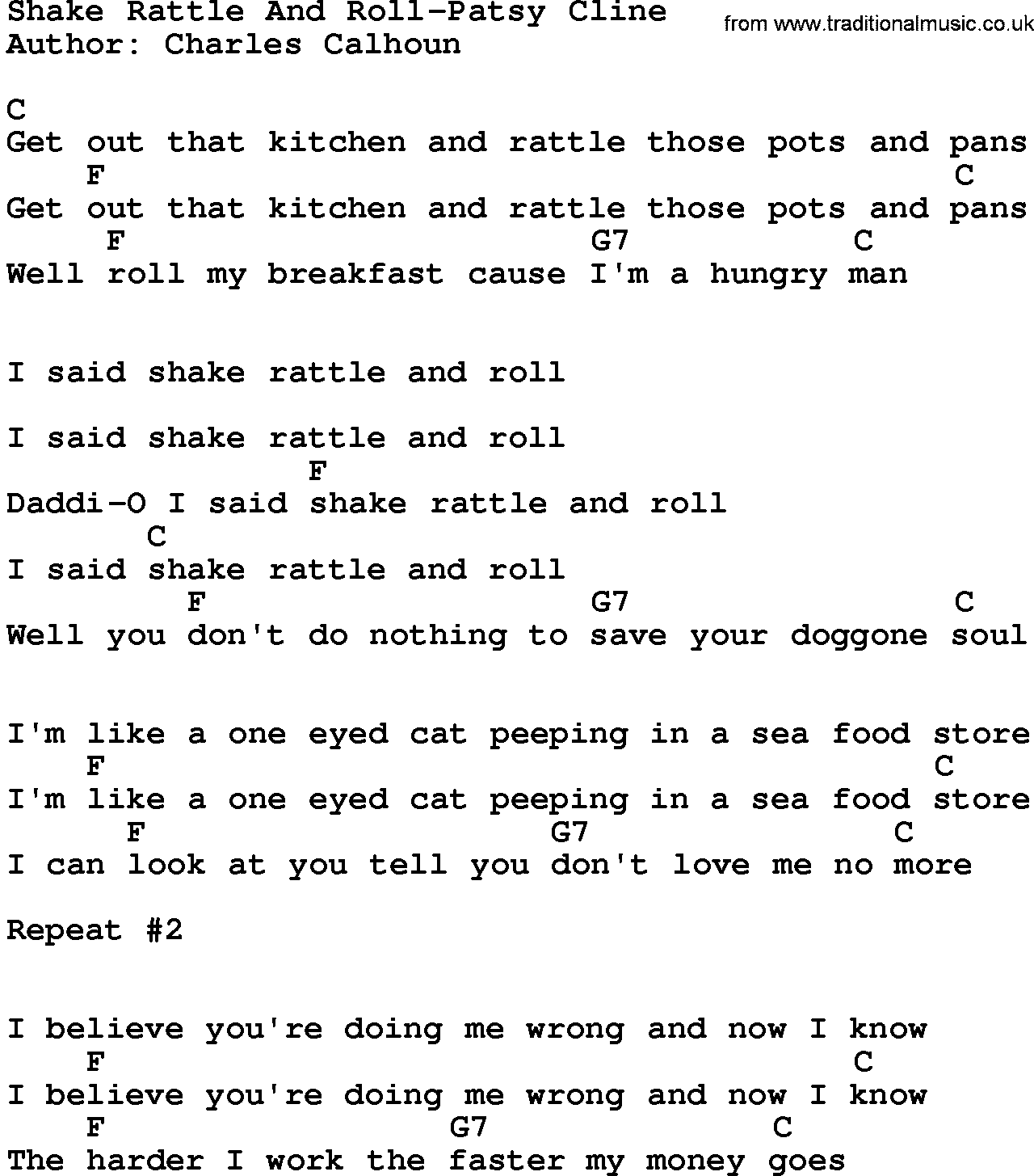 Country music song: Shake Rattle And Roll-Patsy Cline lyrics and chords