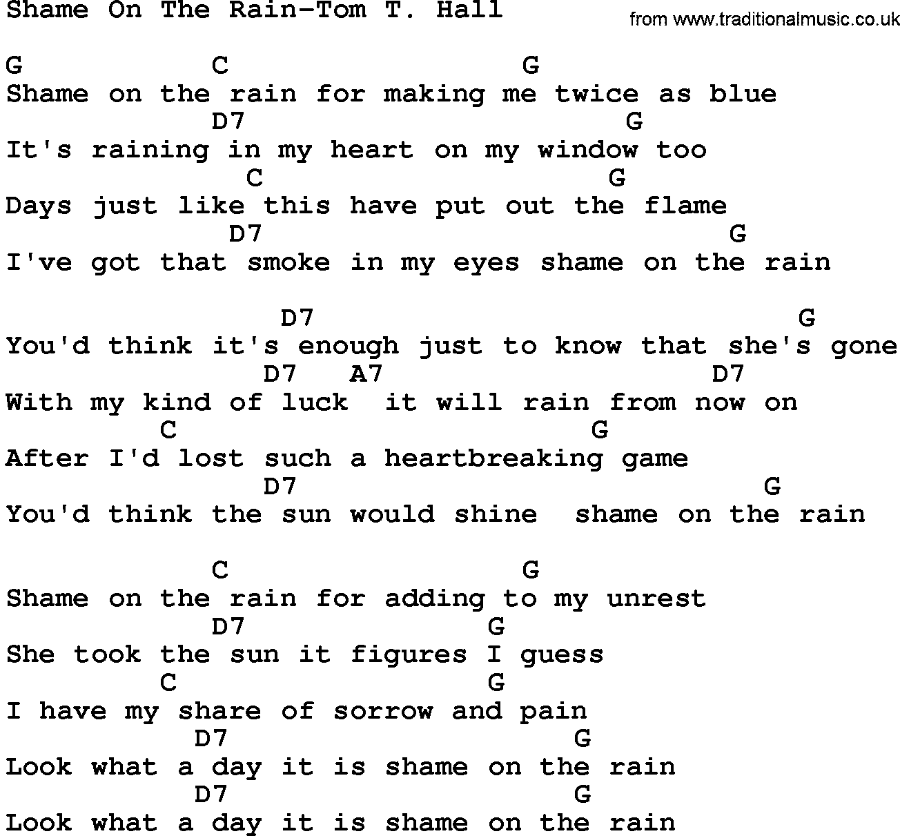 Country music song: Shame On The Rain-Tom T Hall lyrics and chords