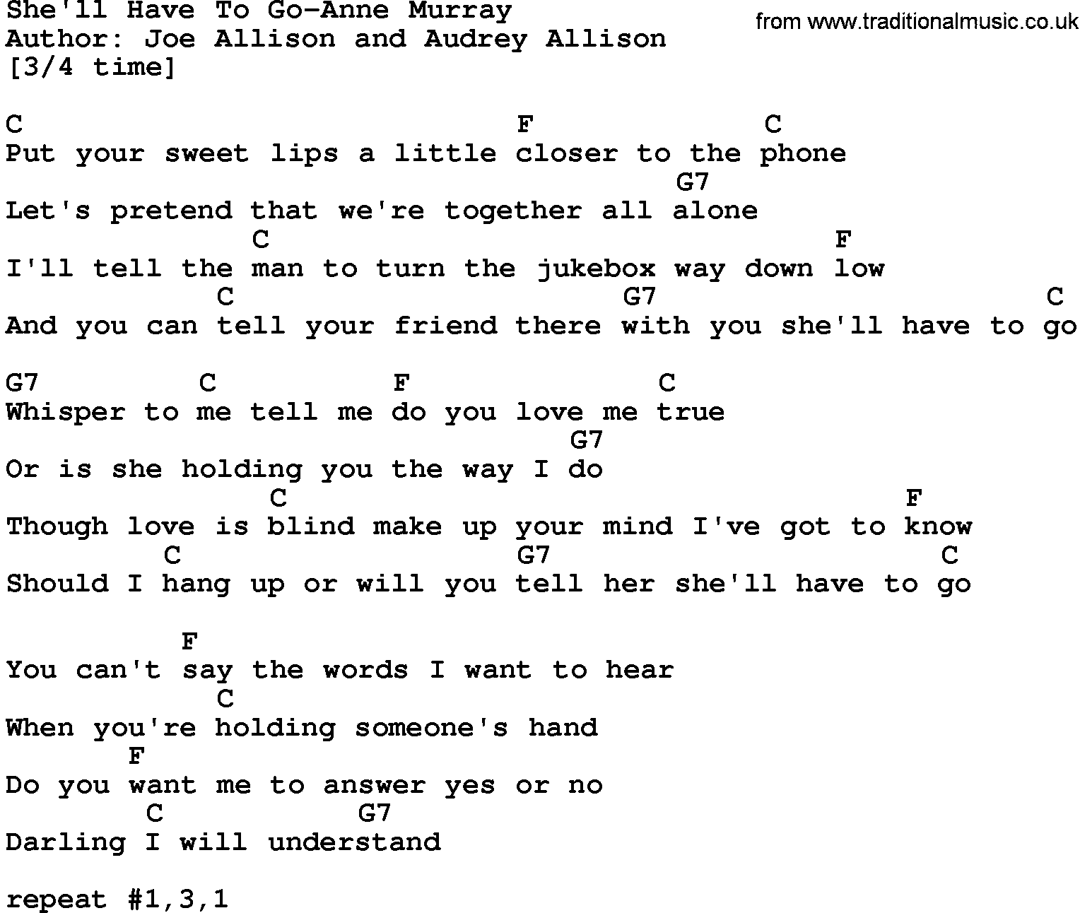 Country music song: She'll Have To Go-Anne Murray lyrics and chords