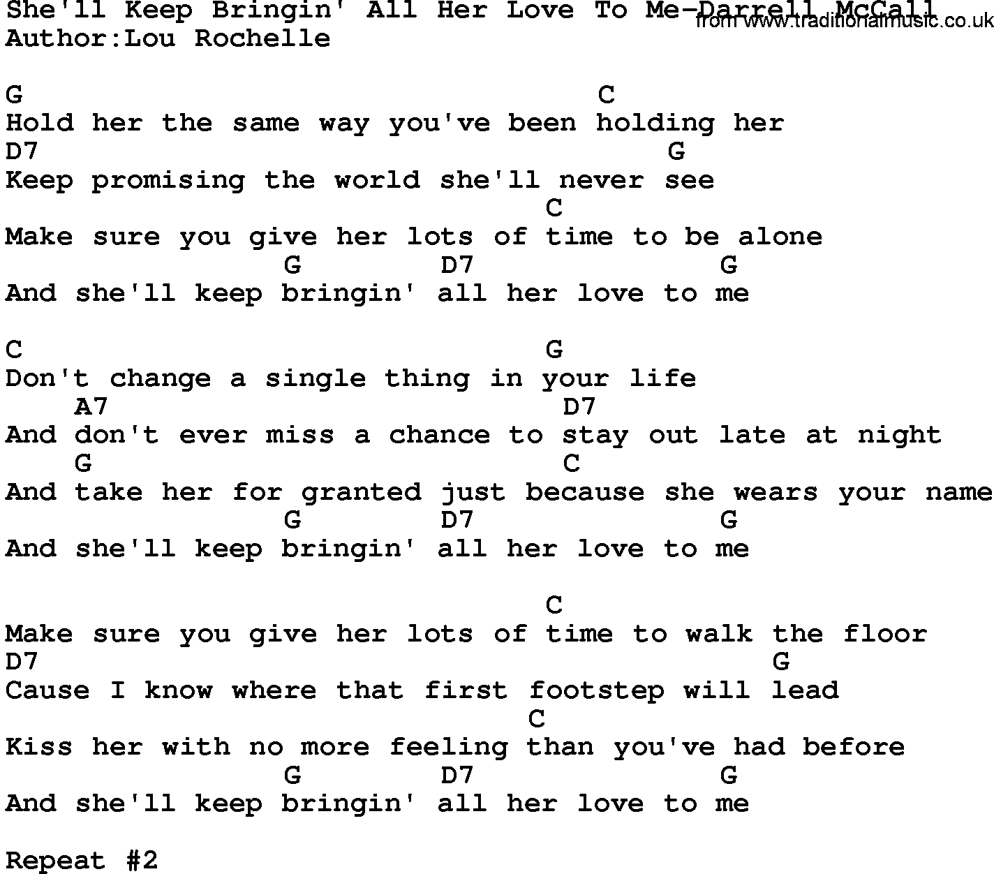 Country music song: She'll Keep Bringin' All Her Love To Me-Darrell Mccall lyrics and chords