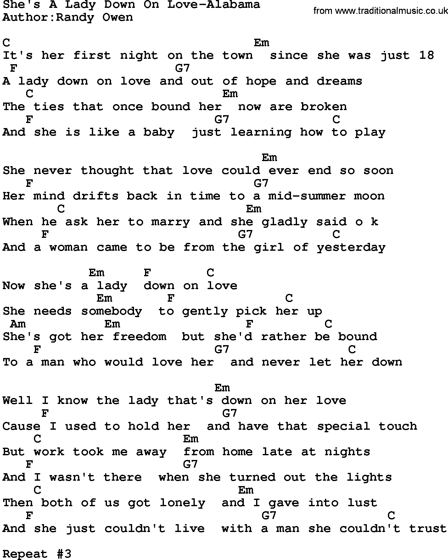 Country music song: She's A Lady Down On Love-Alabama lyrics and chords