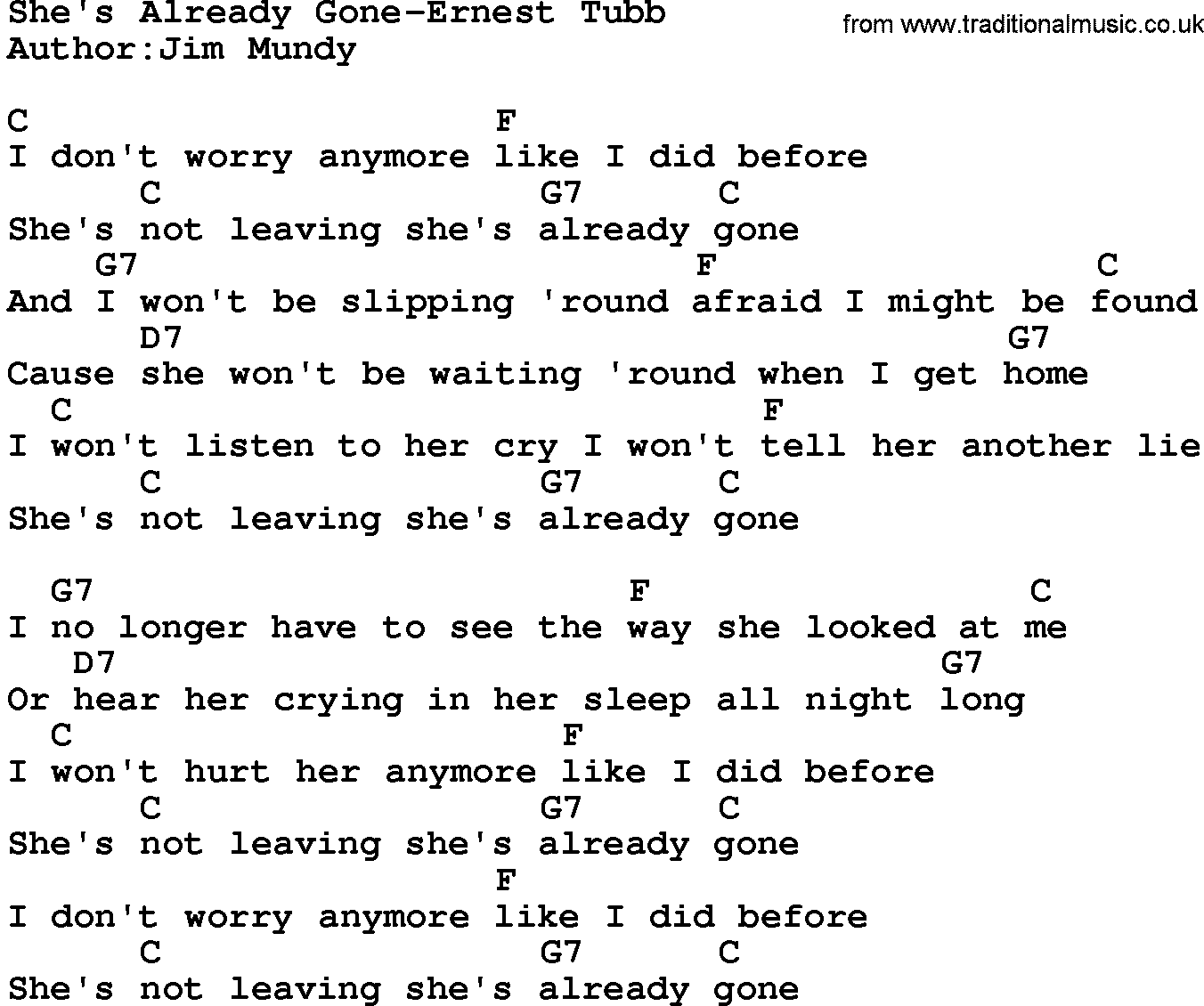 Country music song: She's Already Gone-Ernest Tubb lyrics and chords
