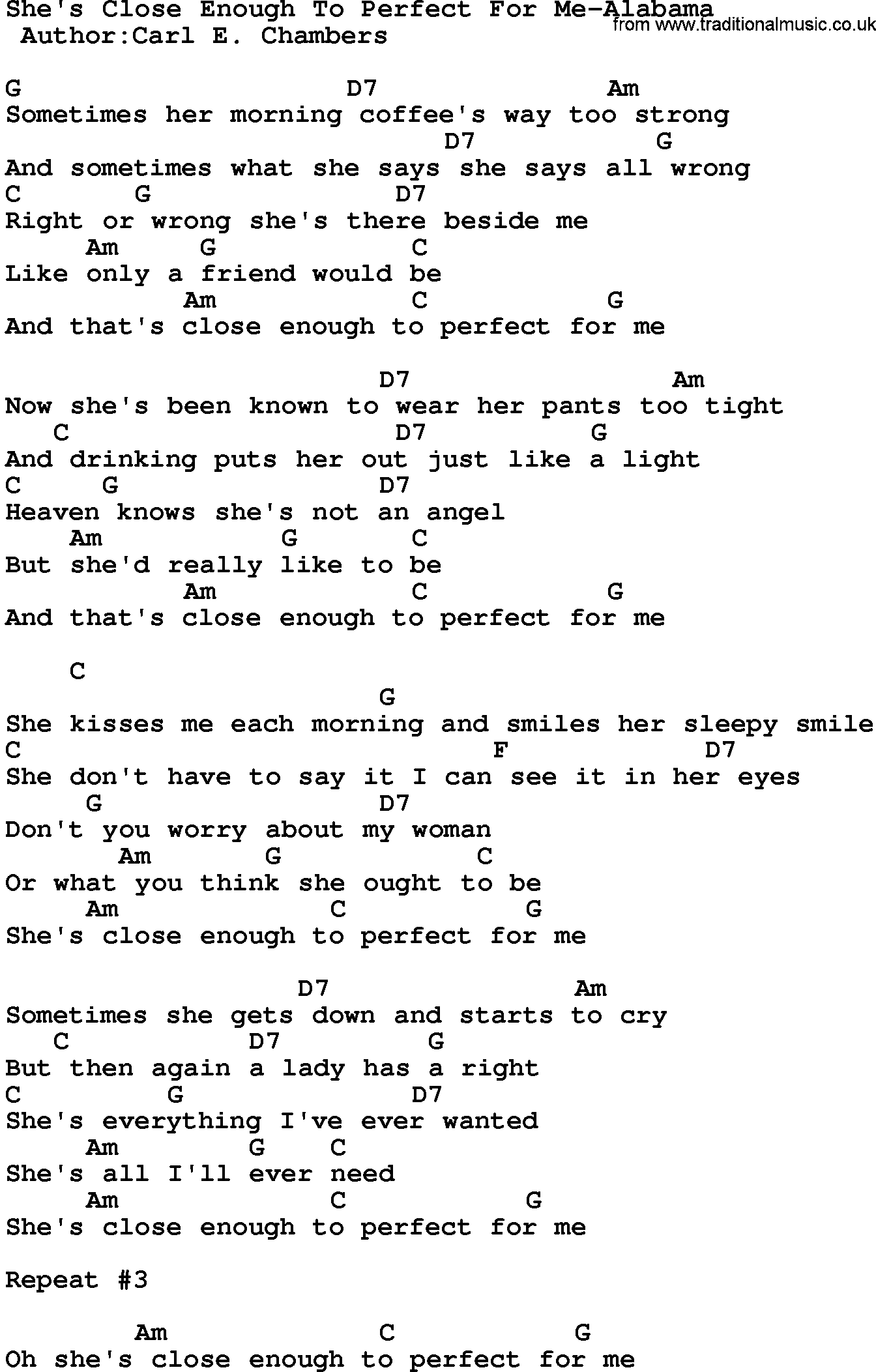 Country music song: She's Close Enough To Perfect For Me-Alabama lyrics and chords