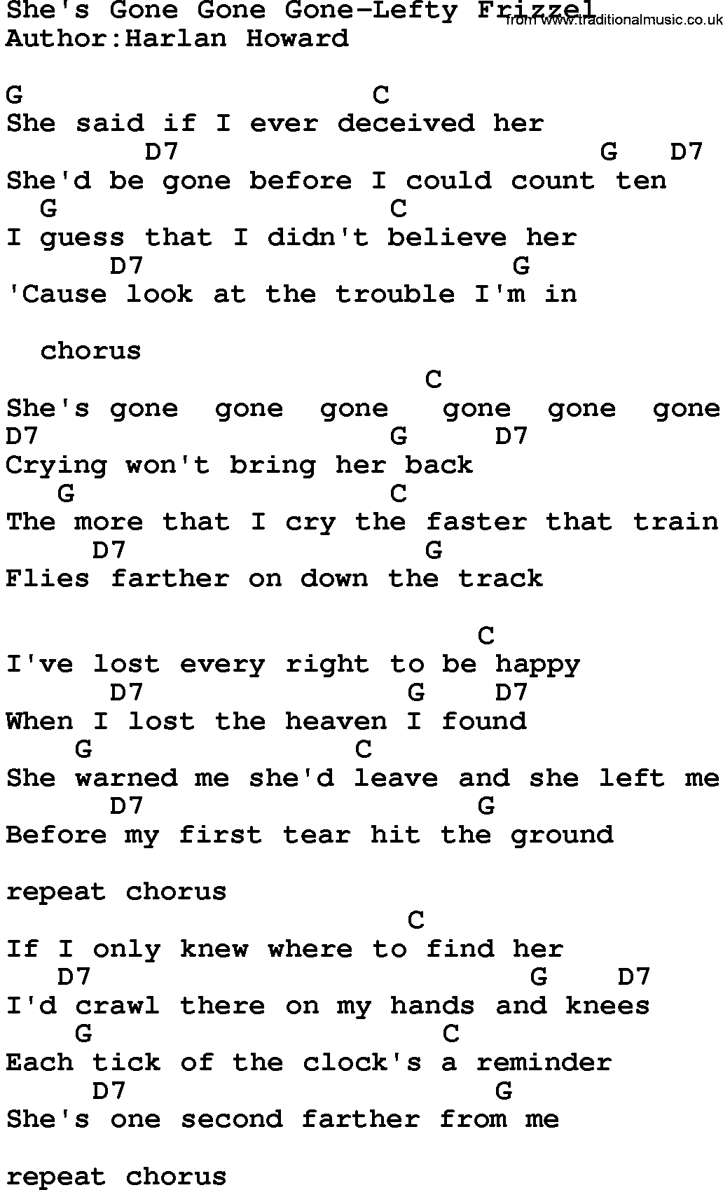 Country music song: She's Gone Gone Gone-Lefty Frizzel lyrics and chords