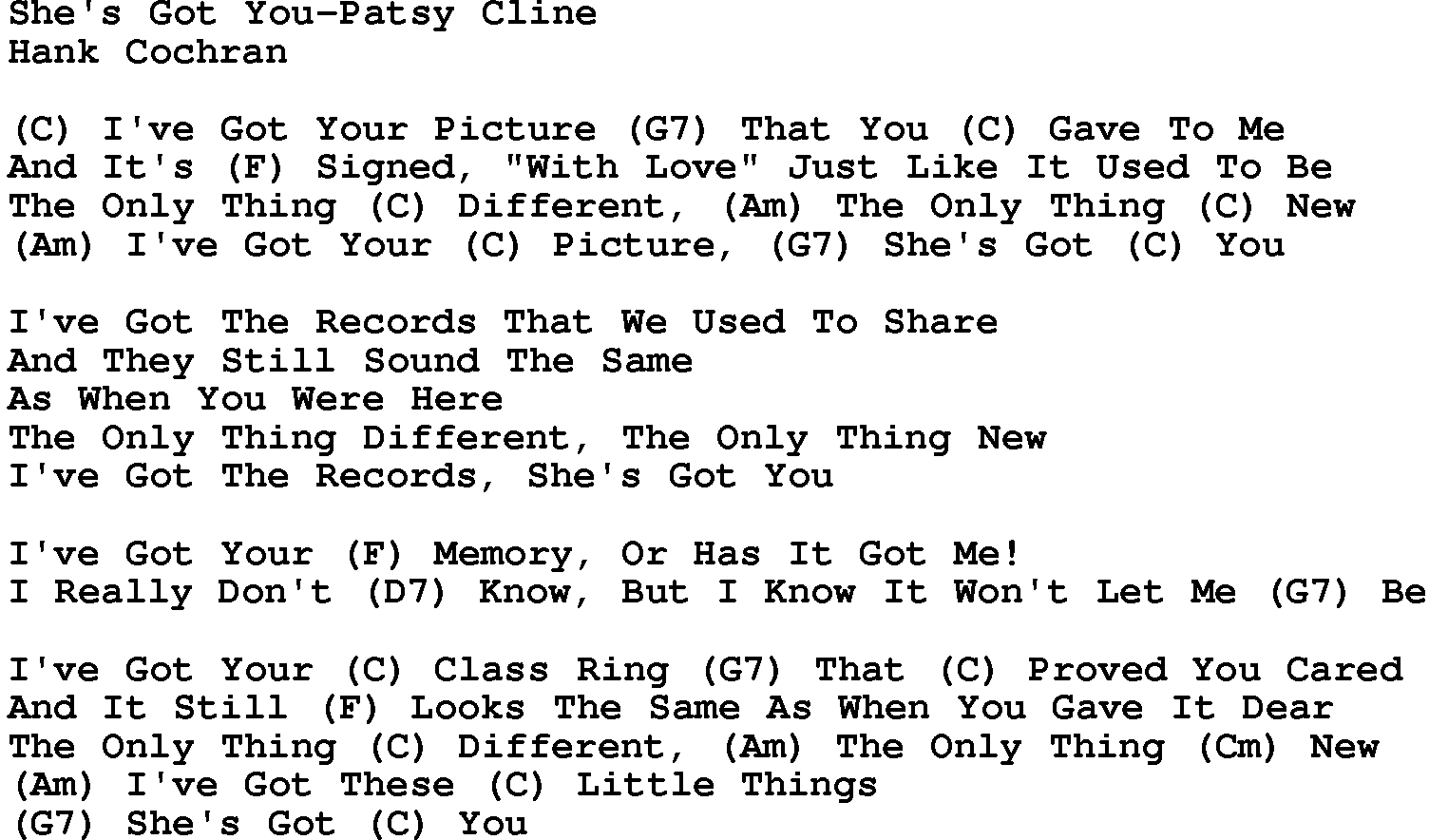 Country music song: She's Got You-Patsy Cline lyrics and chords