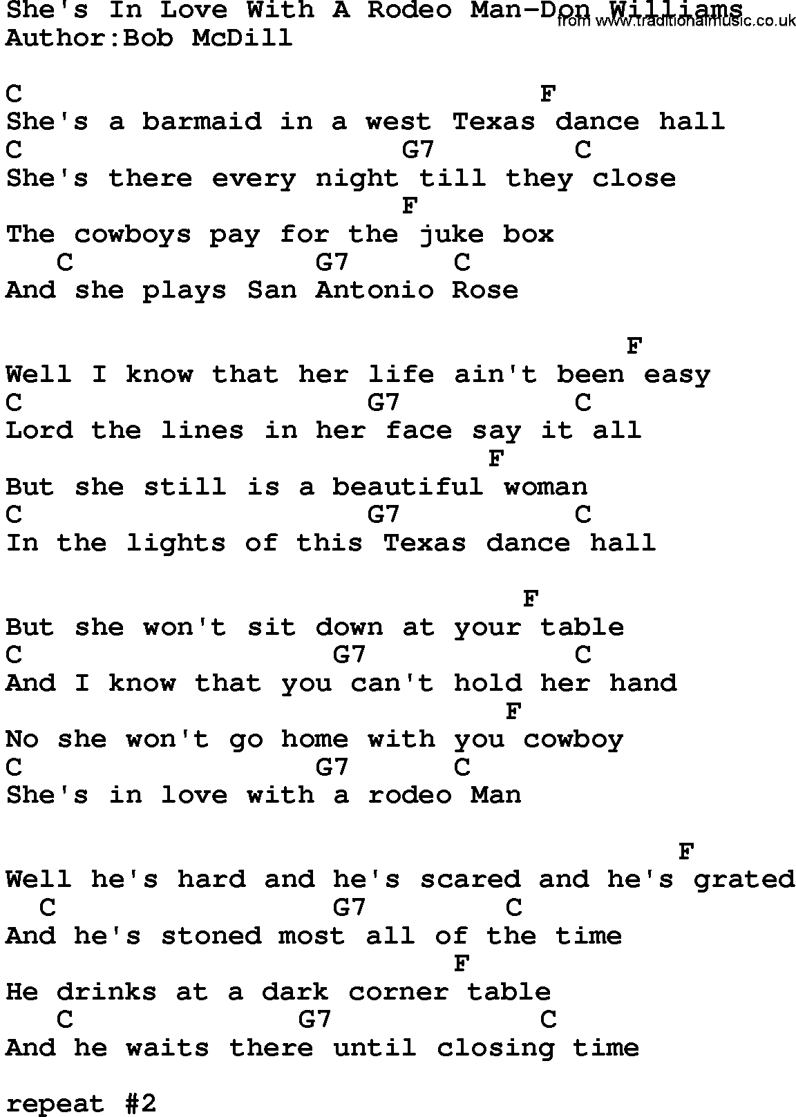 Country music song: She's In Love With A Rodeo Man-Don Williams  lyrics and chords