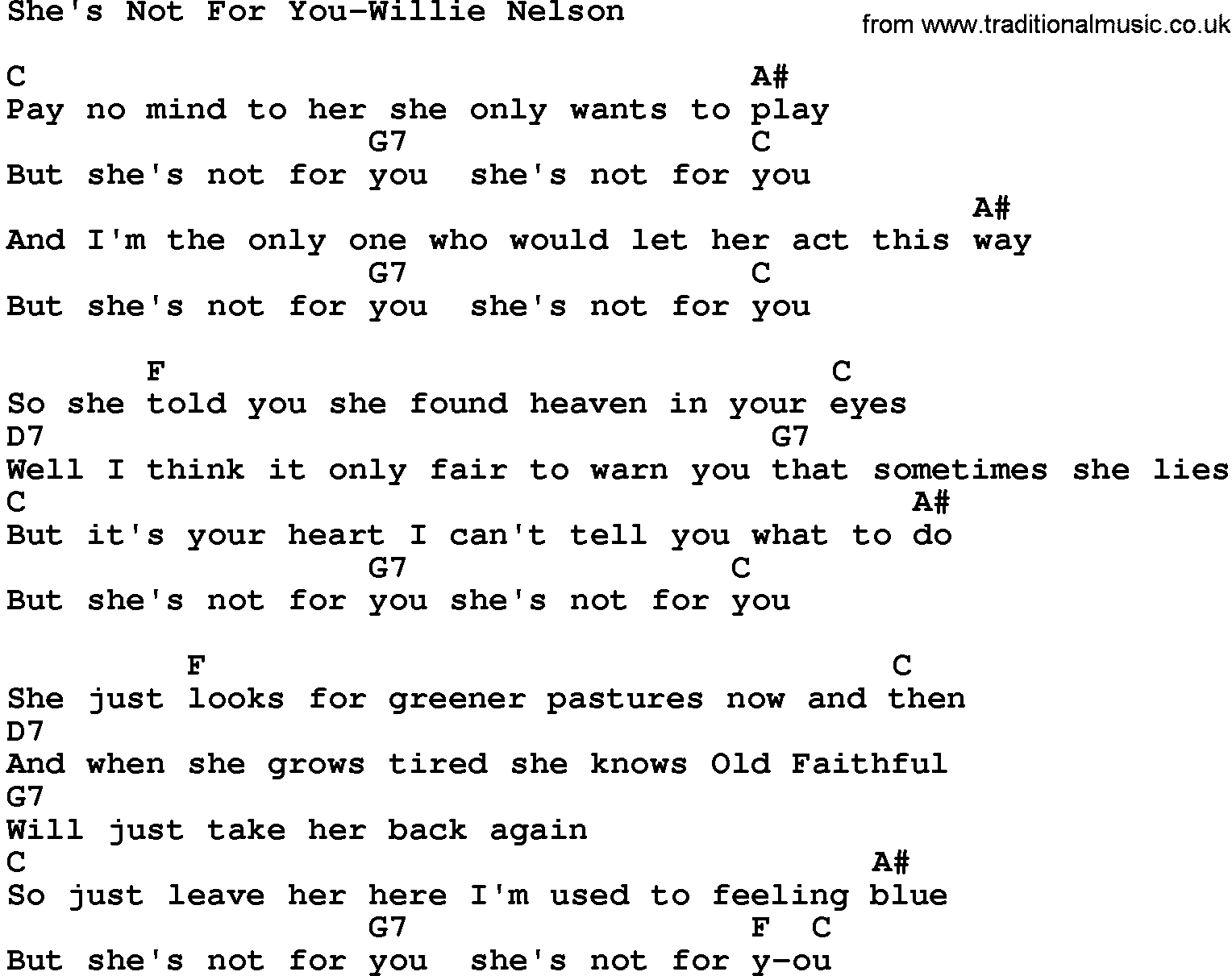 Country music song: She's Not For You-Willie Nelson lyrics and chords