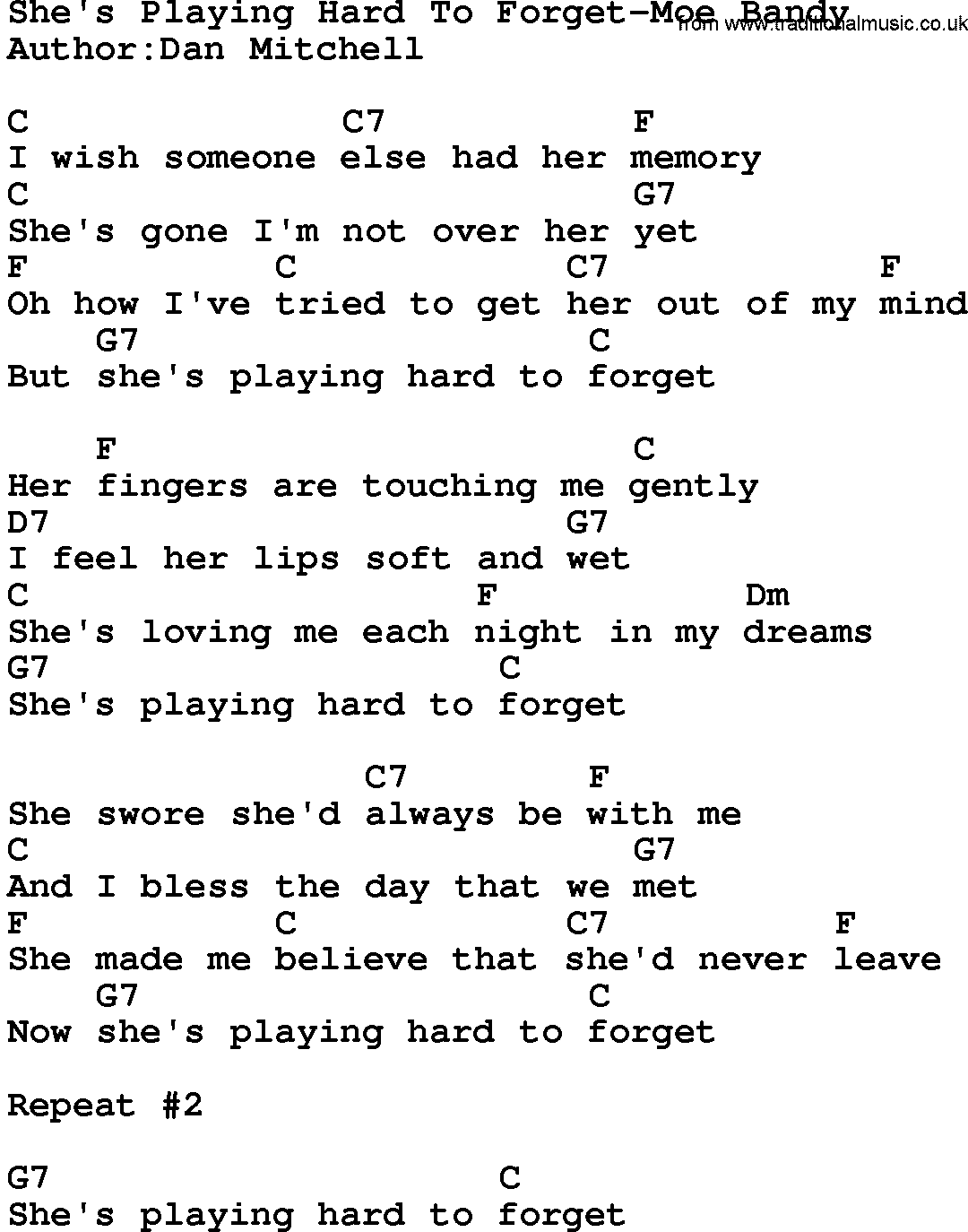 Country music song: She's Playing Hard To Forget-Moe Bandy lyrics and chords
