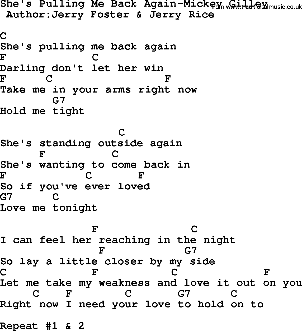 Country music song: She's Pulling Me Back Again-Mickey Gilley lyrics and chords