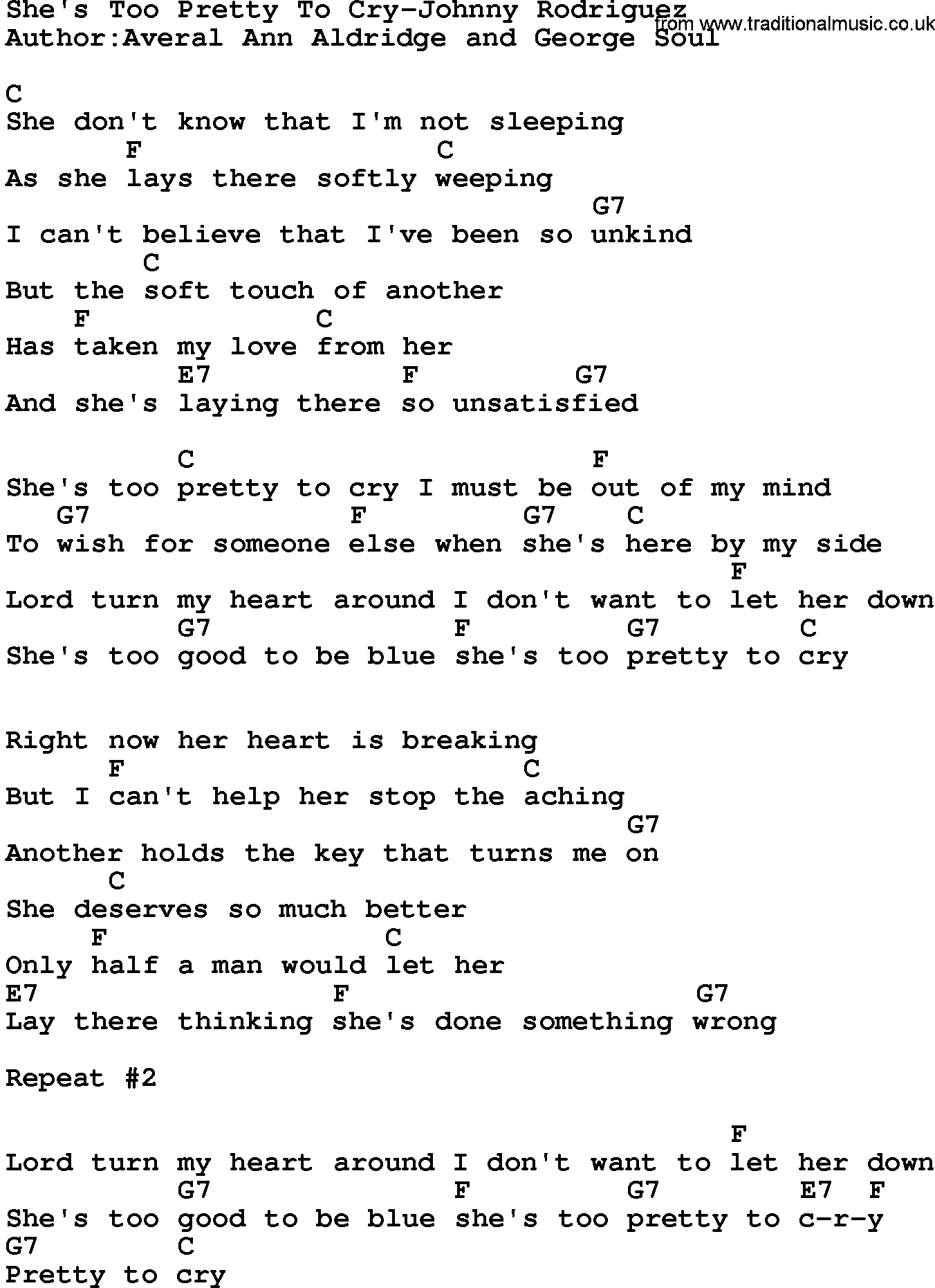 Country music song: She's Too Pretty To Cry-Johnny Rodriguez lyrics and chords