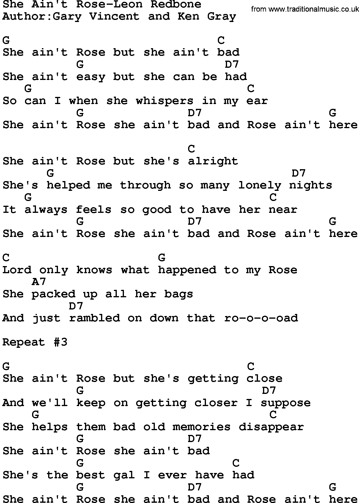 Country music song: She Ain't Rose-Leon Redbone lyrics and chords