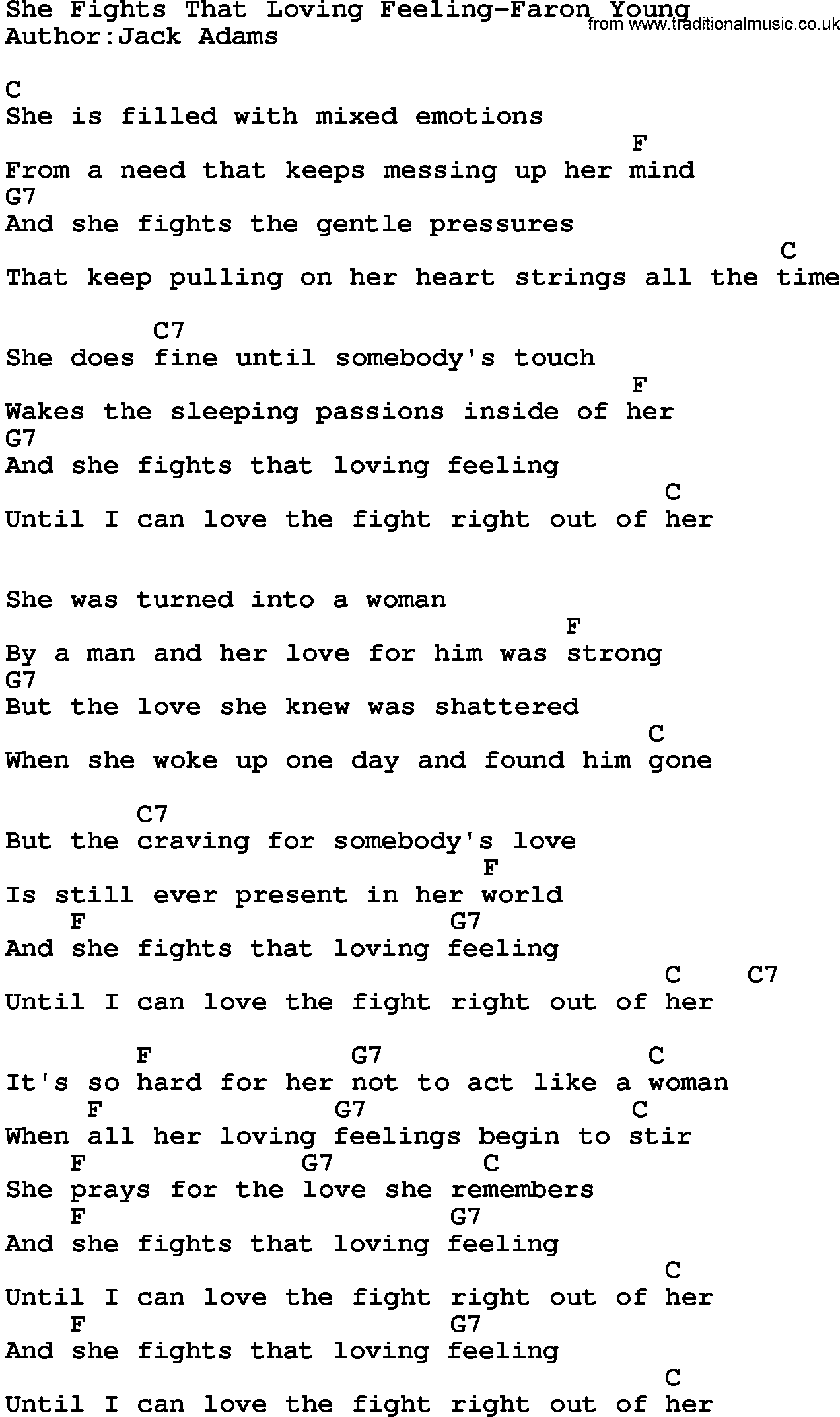 Country music song: She Fights That Loving Feeling-Faron Young lyrics and chords