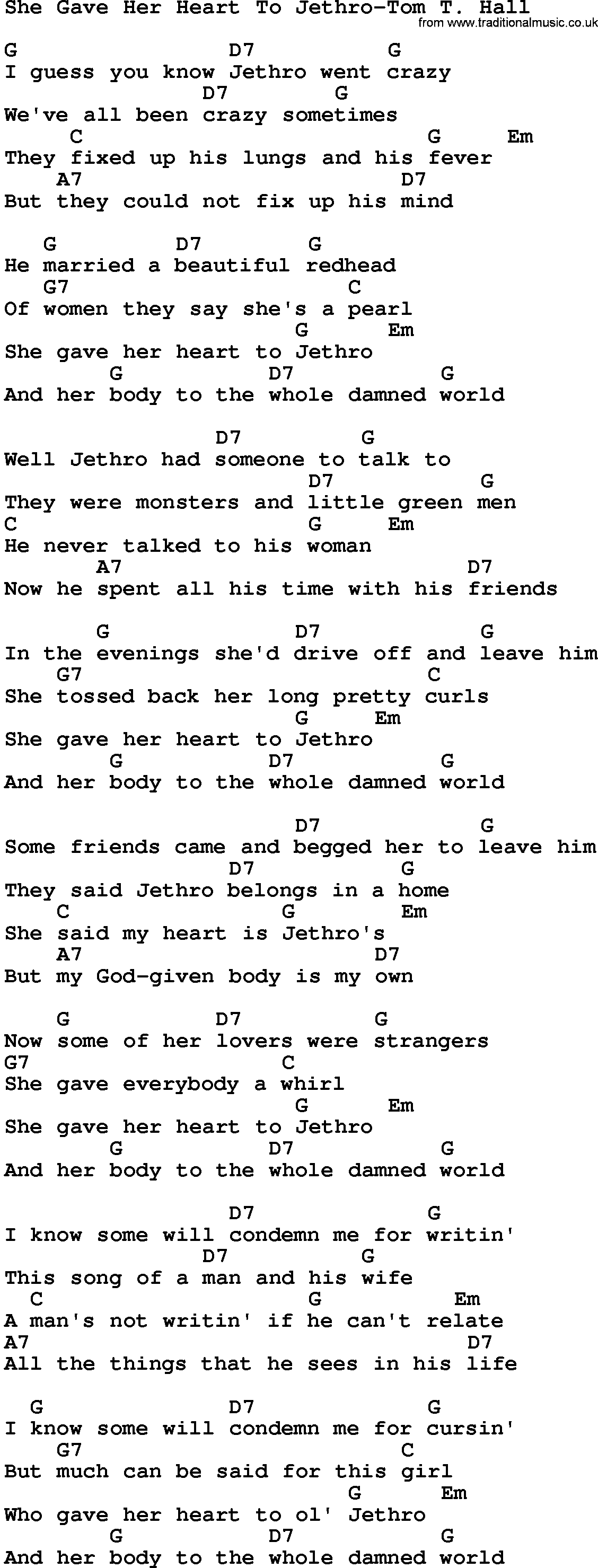 Country music song: She Gave Her Heart To Jethro-Tom T Hall lyrics and chords