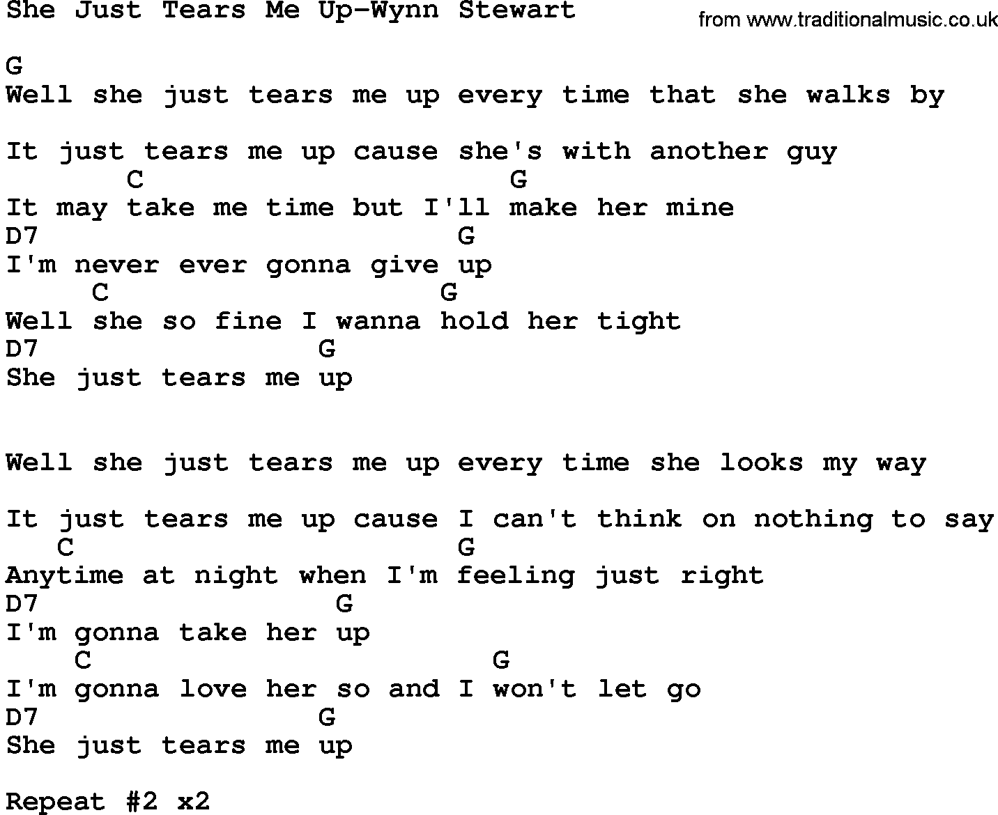 Country music song: She Just Tears Me Up-Wynn Stewart lyrics and chords