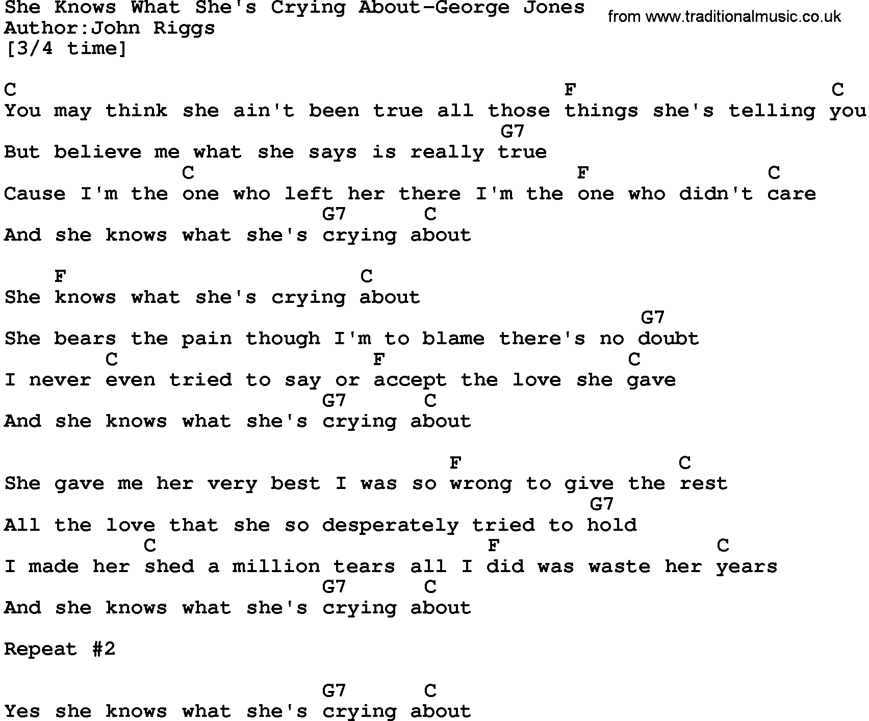 Country music song: She Knows What She's Crying About-George Jones lyrics and chords