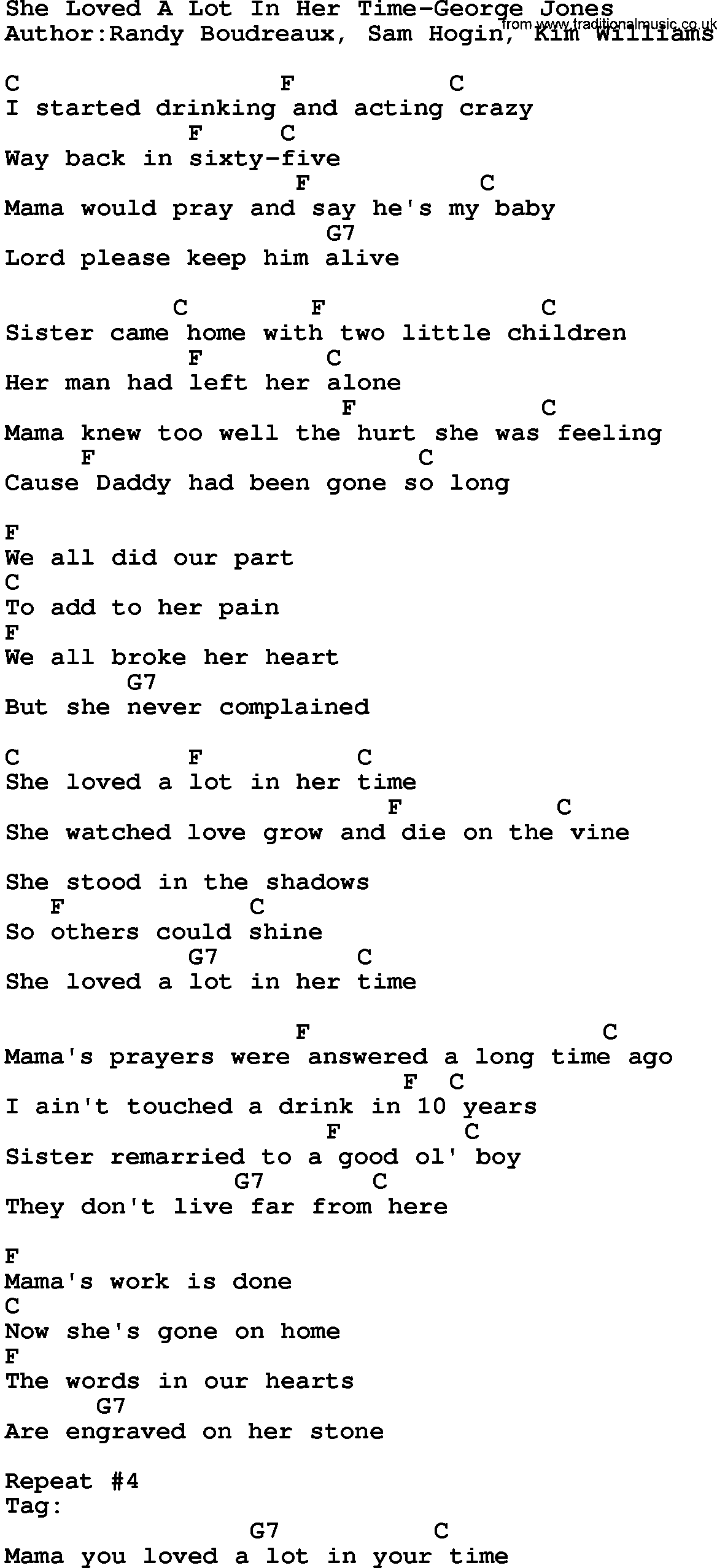 Country music song: She Loved A Lot In Her Time-George Jones lyrics and chords