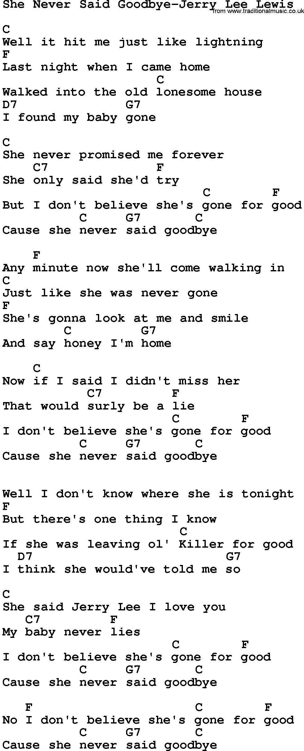 Country music song: She Never Said Goodbye-Jerry Lee Lewis lyrics and chords