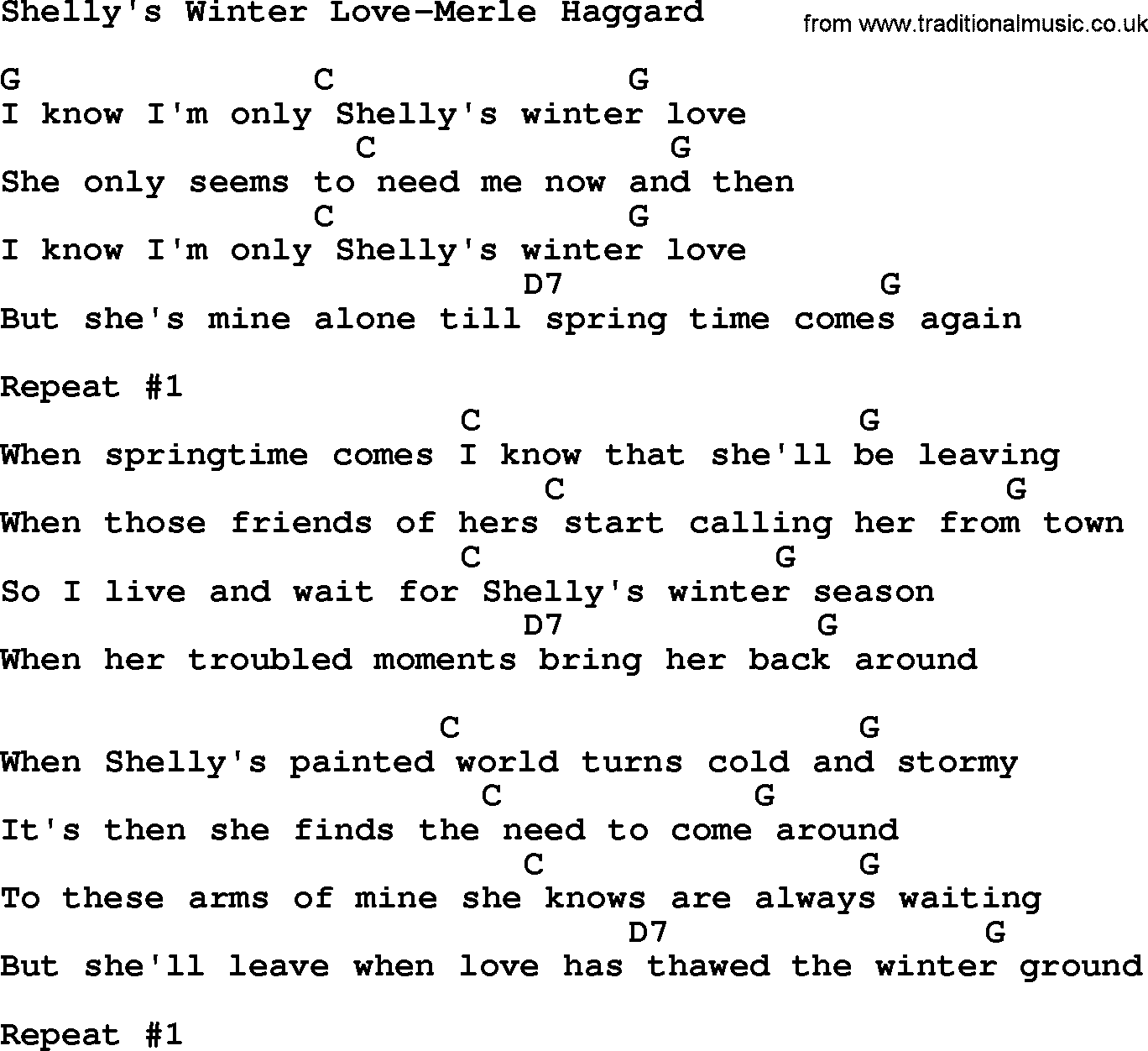 Country music song: Shelly's Winter Love-Merle Haggard lyrics and chords