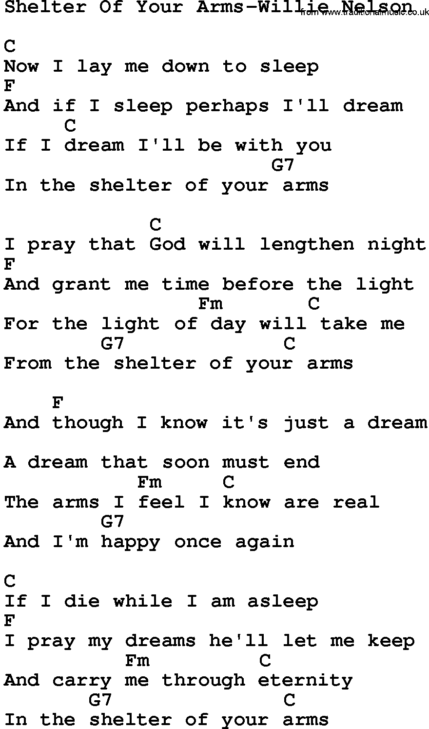 Country music song: Shelter Of Your Arms-Willie Nelson lyrics and chords