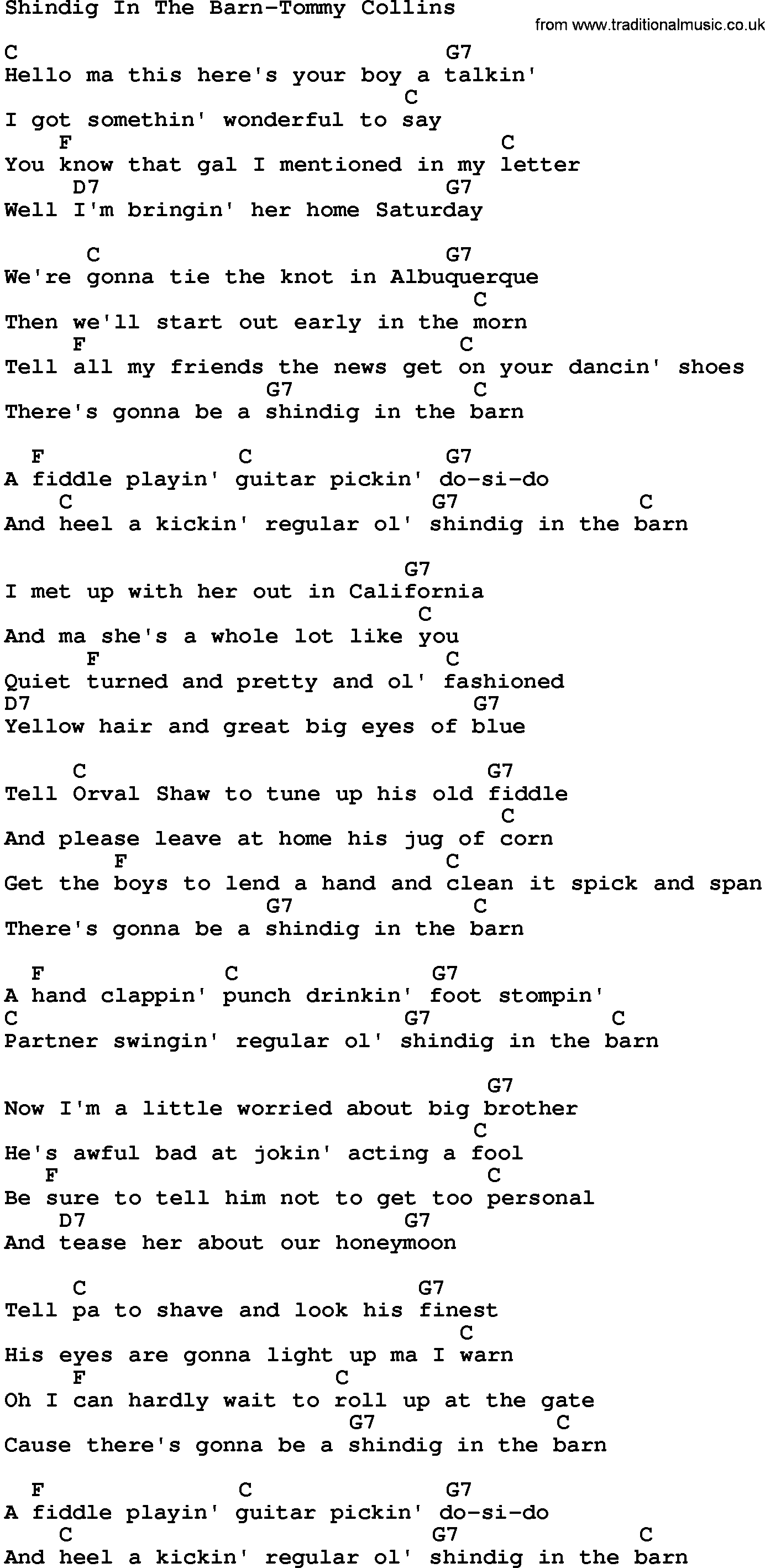 Country music song: Shindig In The Barn-Tommy Collins lyrics and chords