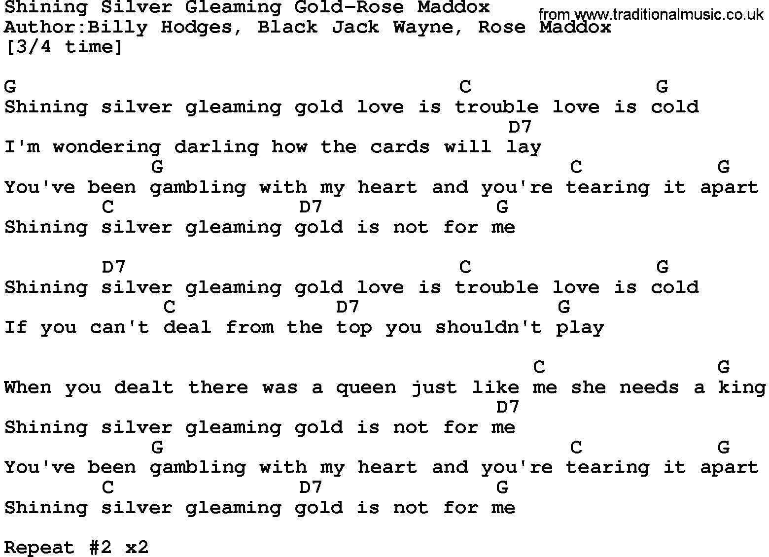Country music song: Shining Silver Gleaming Gold-Rose Maddox lyrics and chords