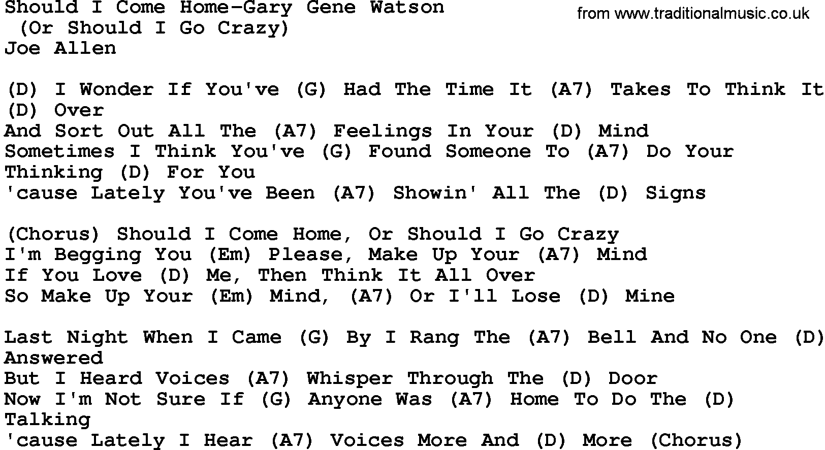 Country music song: Should I Come Home-Gary Gene Watson lyrics and chords