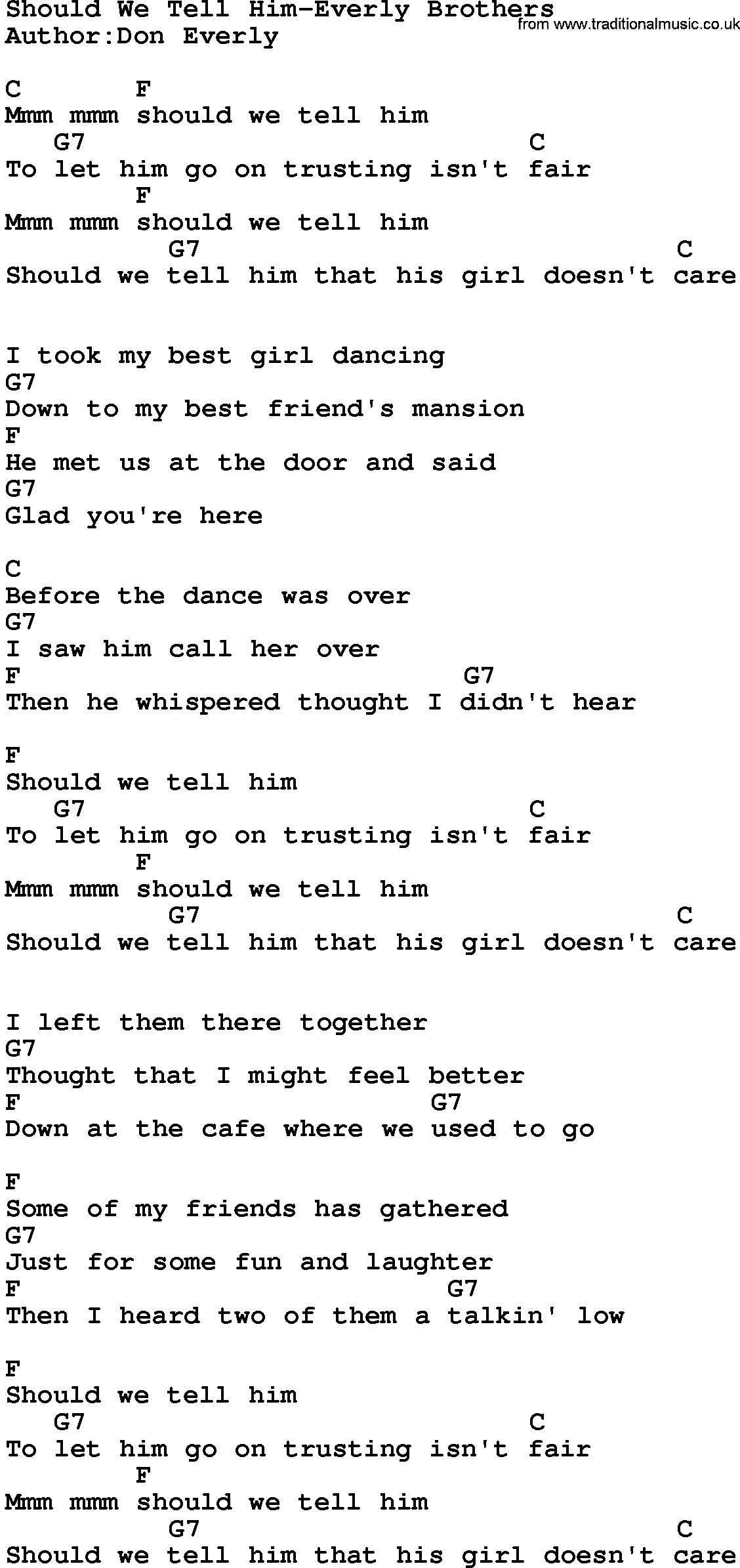 Country music song: Should We Tell Him-Everly Brothers lyrics and chords