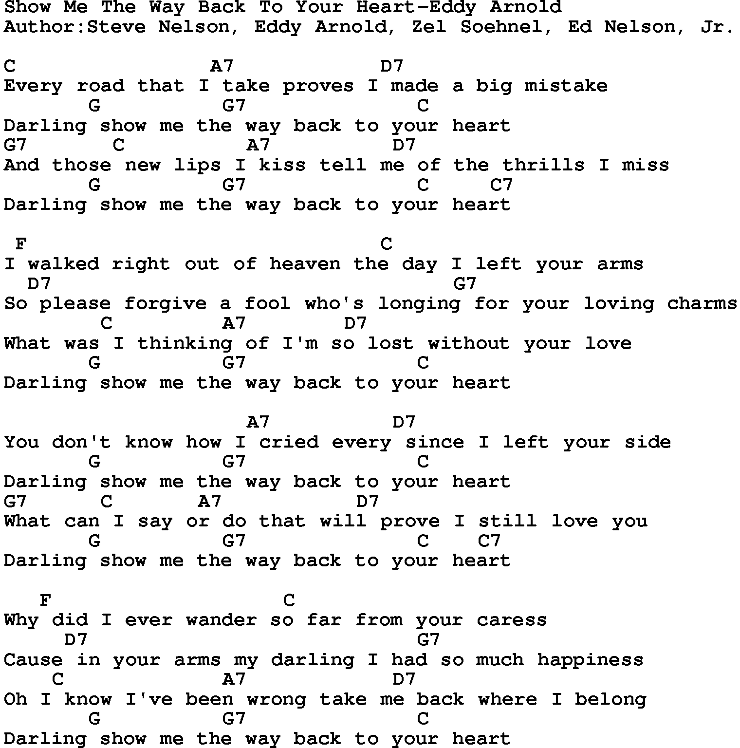 Country music song: Show Me The Way Back To Your Heart-Eddy Arnold lyrics and chords