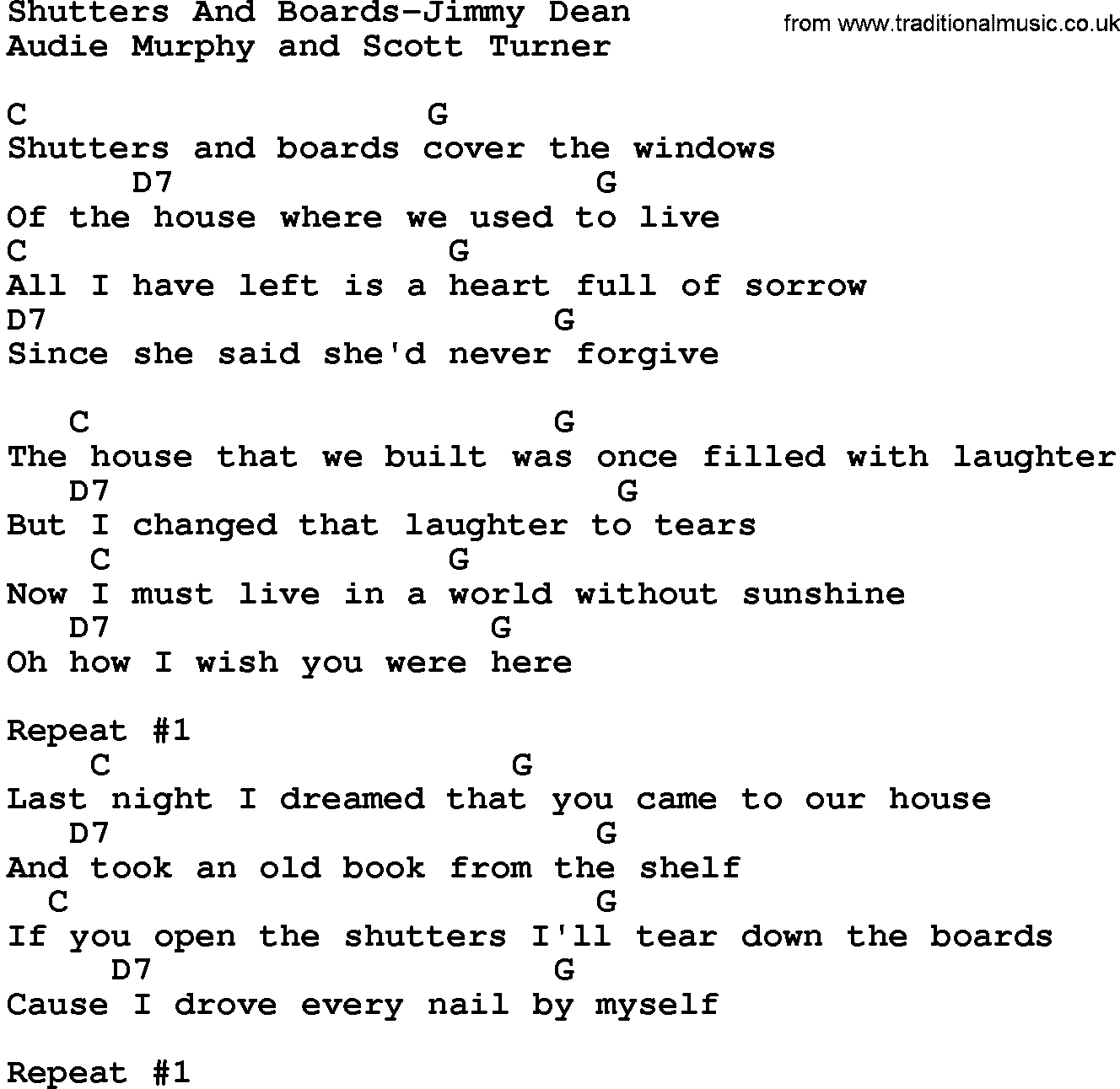 Country music song: Shutters And Boards-Jimmy Dean Written Audie Murphy And Scott Turner lyrics and chords