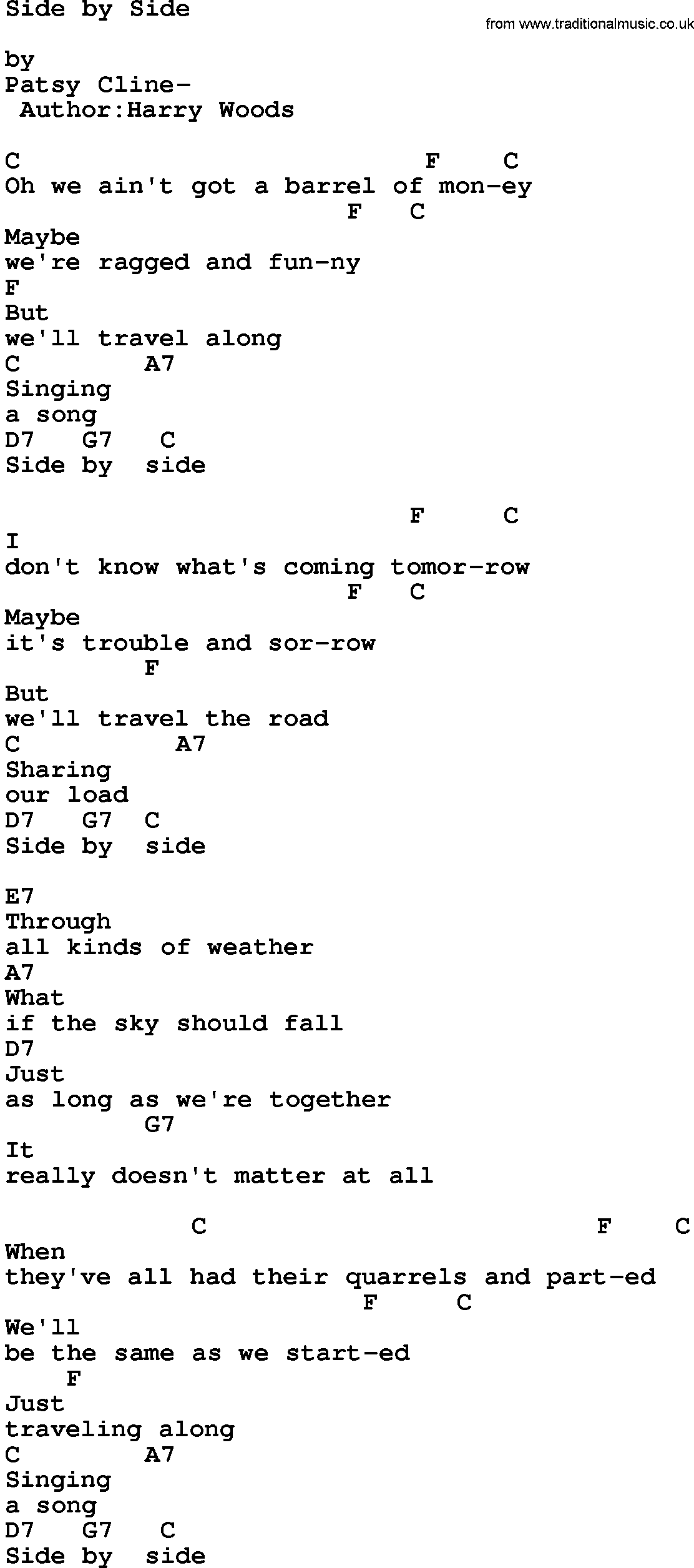 Country music song: Side By Side lyrics and chords
