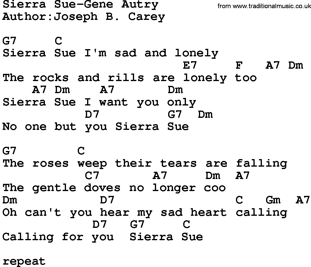 Country music song: Sierra Sue-Gene Autry lyrics and chords