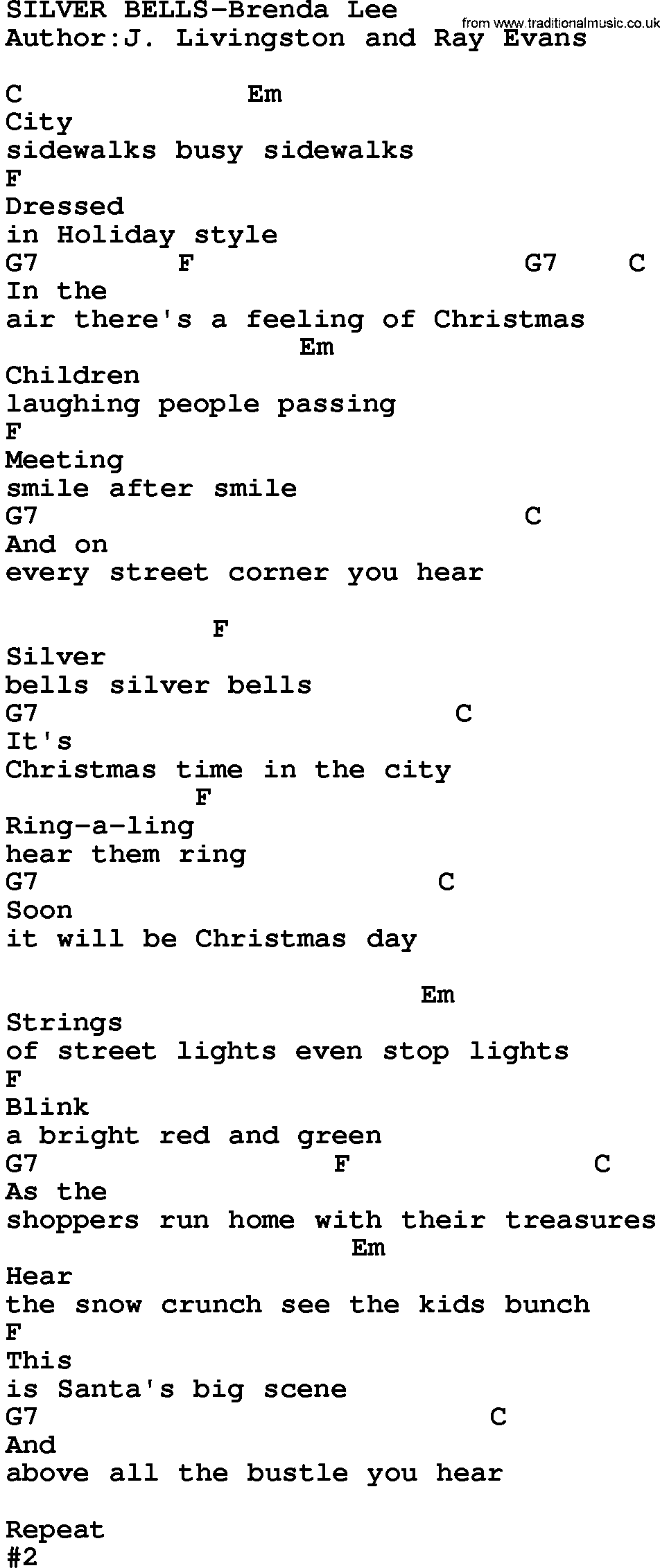 Country music song: Silver Bells-Brenda Lee lyrics and chords