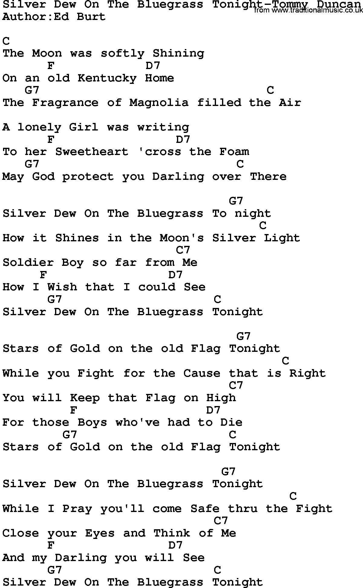Country music song: Silver Dew On The Bluegrass Tonight-Tommy Duncan lyrics and chords