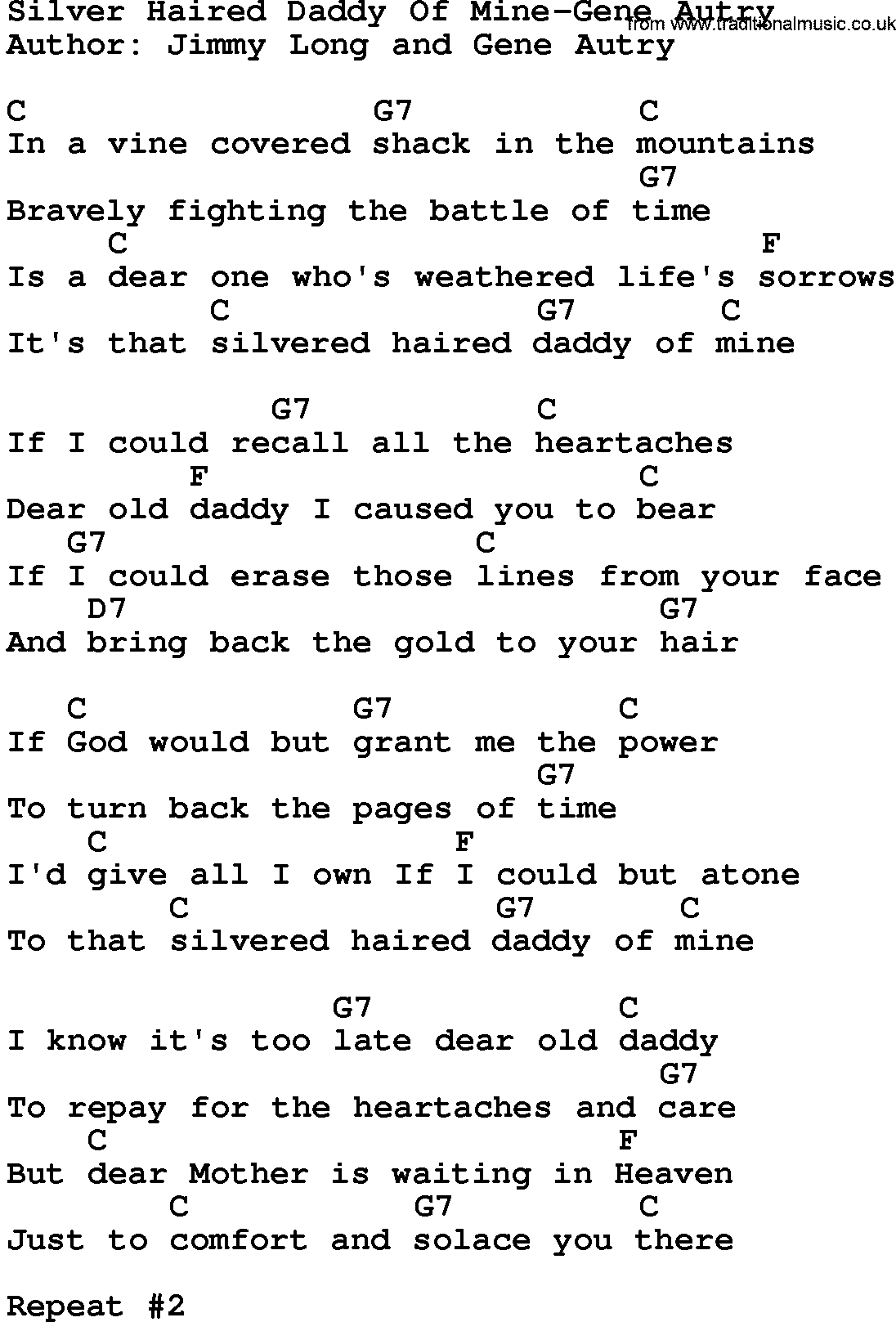 Country music song: Silver Haired Daddy Of Mine-Gene Autry lyrics and chords