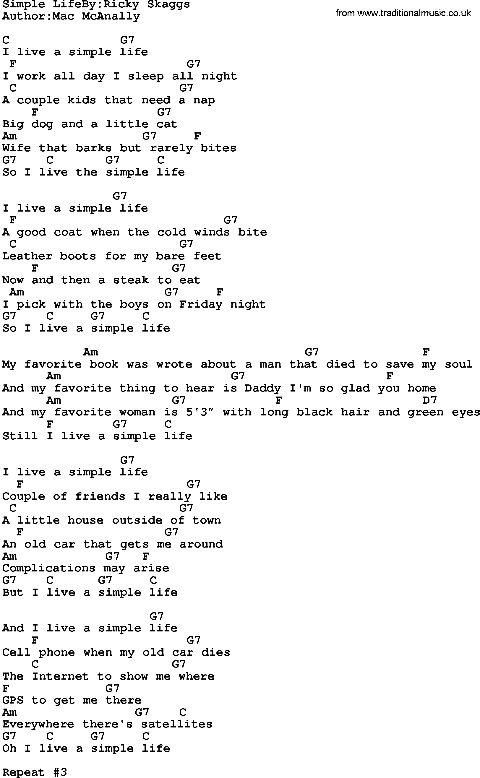 Country music song: Simple Life-Ricky Skaggs lyrics and chords