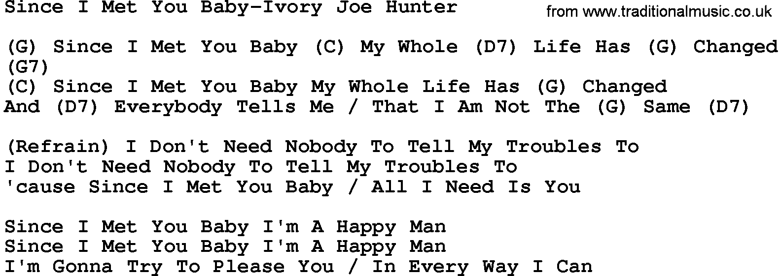 Country music song: Since I Met You Baby-Ivory Joe Hunter lyrics and chords