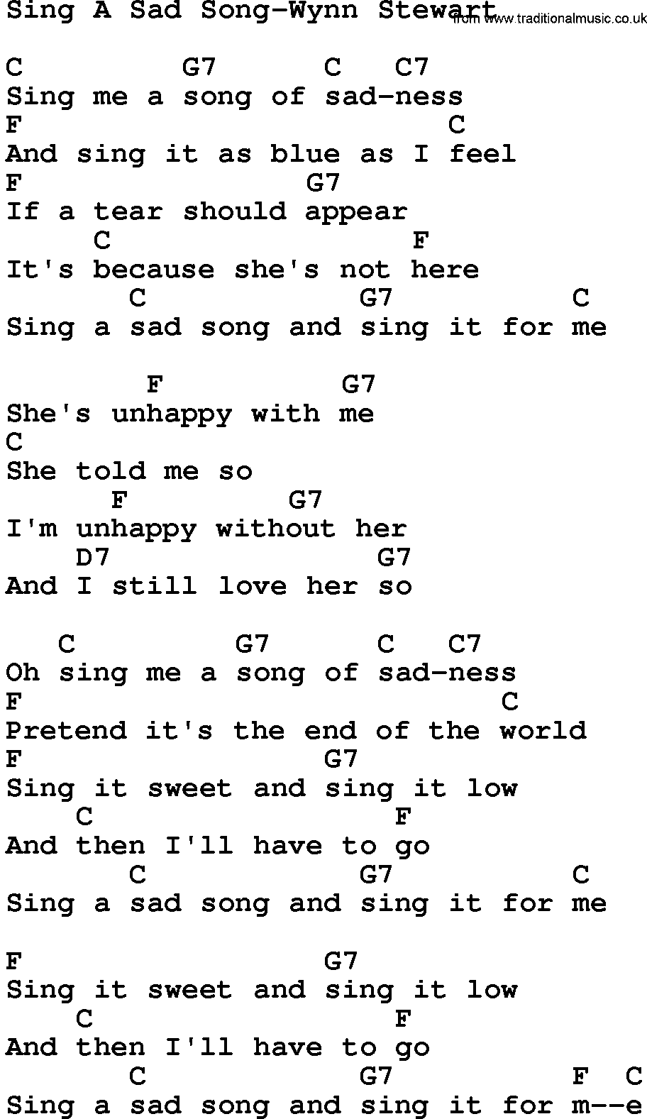 Country music song: Sing A Sad Song-Wynn Stewart lyrics and chords