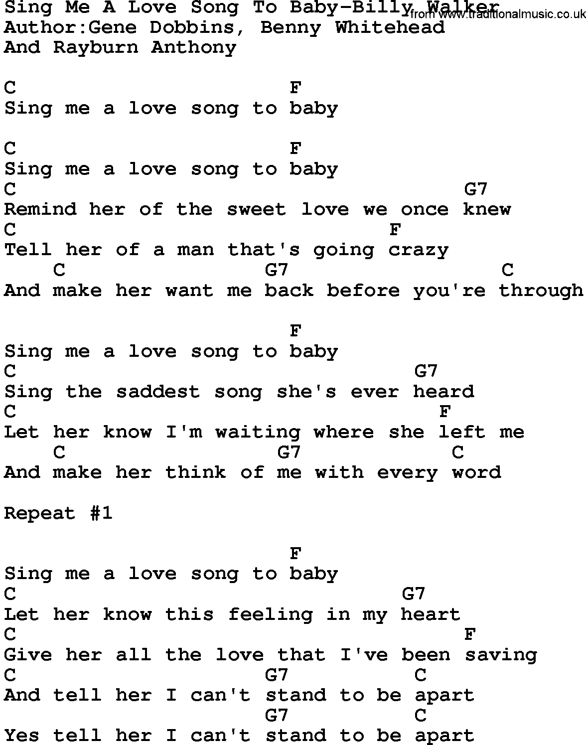 Country music song: Sing Me A Love Song To Baby-Billy Walker lyrics and chords