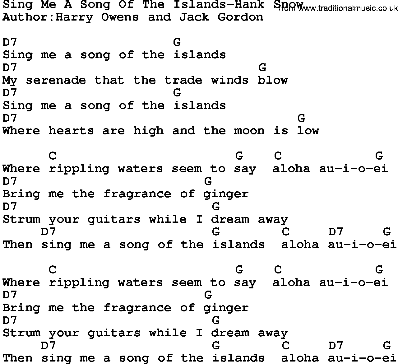 Country music song: Sing Me A Song Of The Islands-Hank Snow lyrics and chords