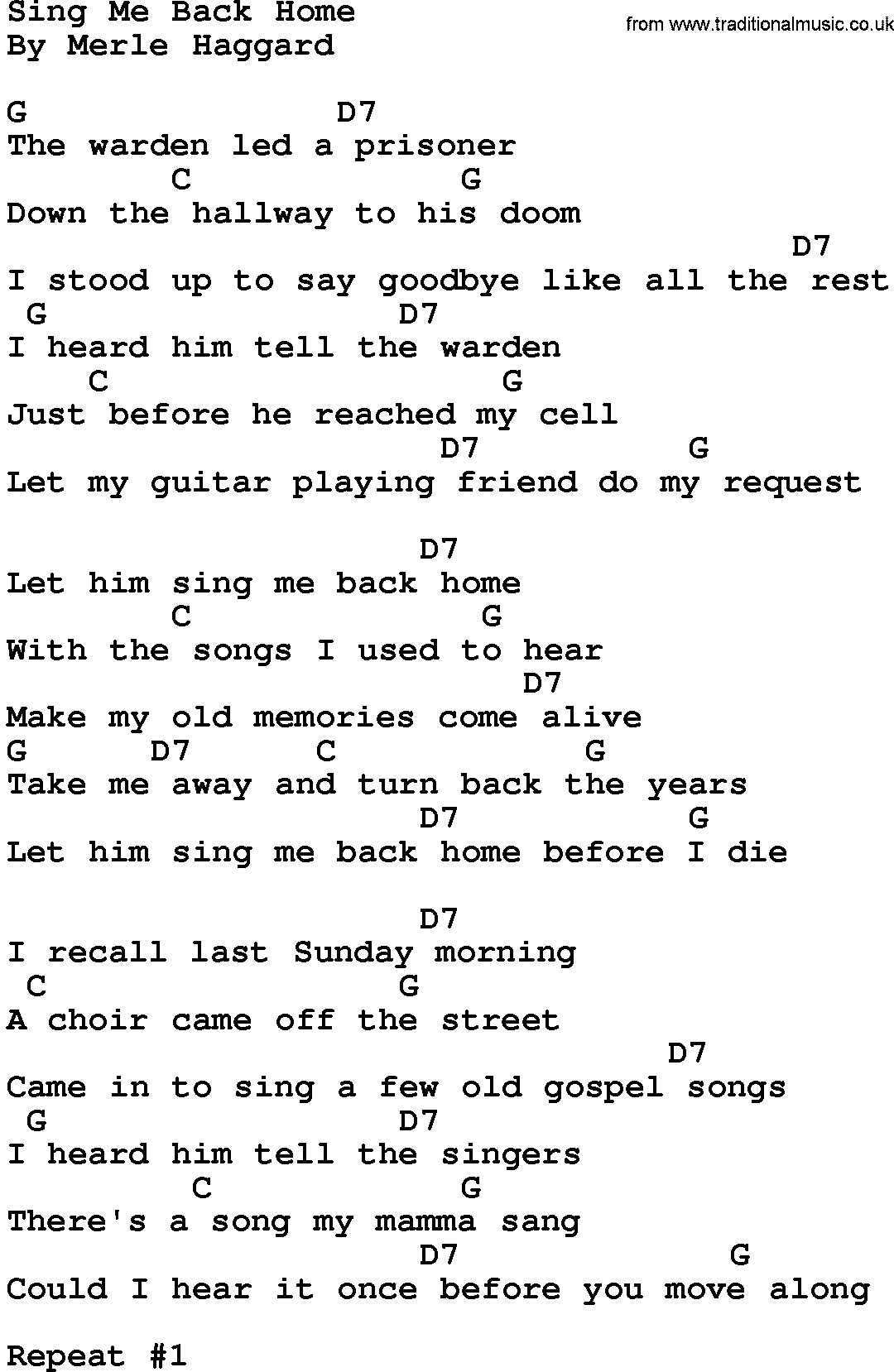 Country music song: Sing Me Back Home lyrics and chords
