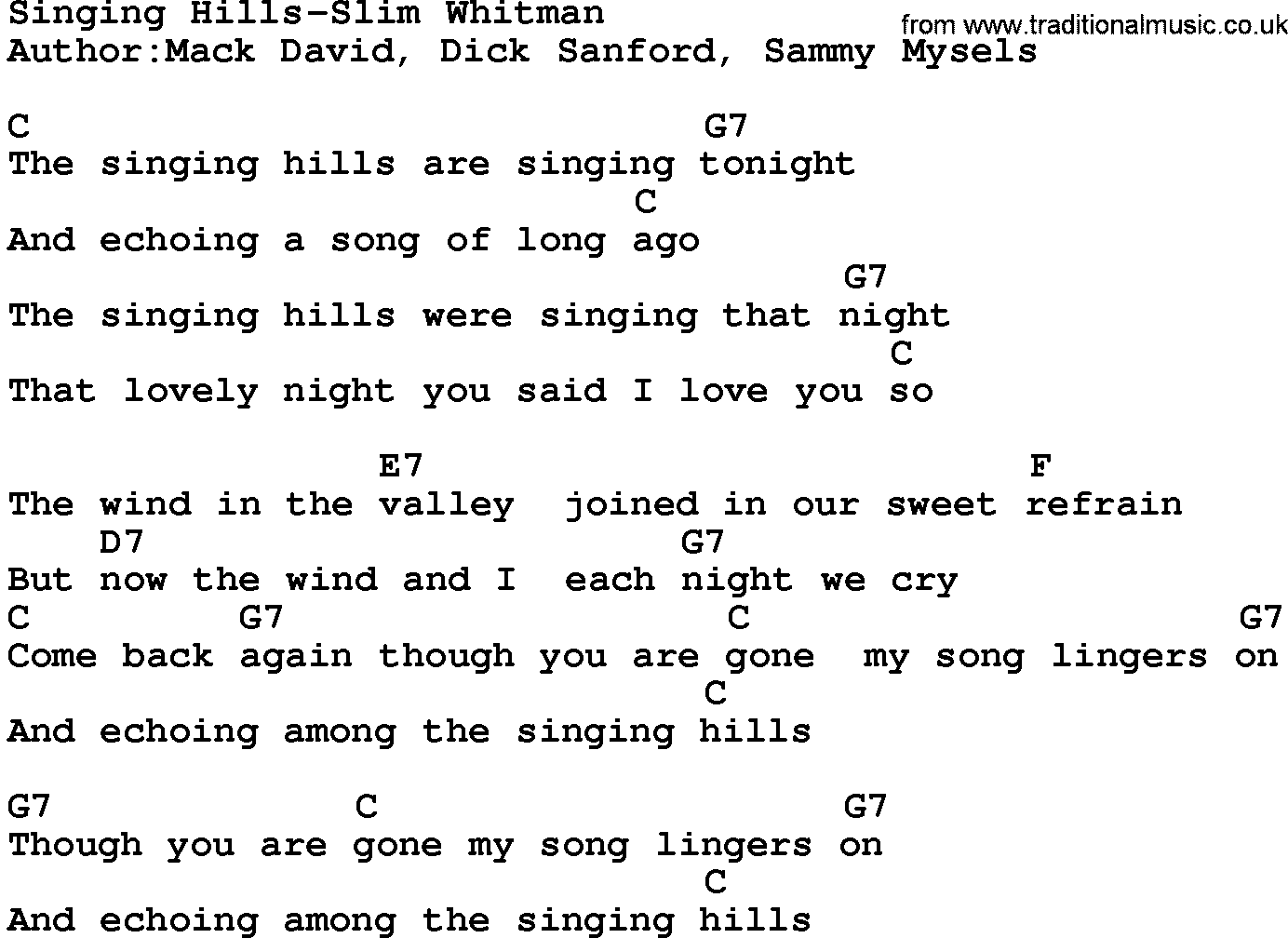 Country music song: Singing Hills-Slim Whitman lyrics and chords