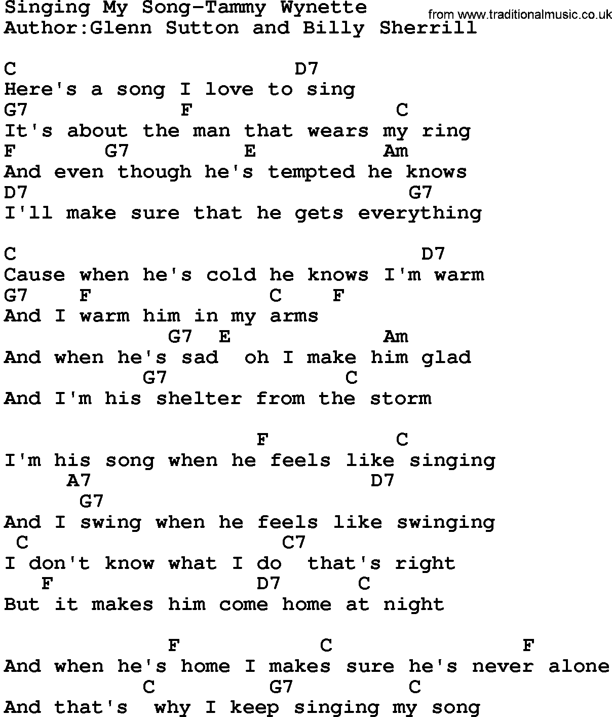 Country music song: Singing My Song-Tammy Wynette lyrics and chords