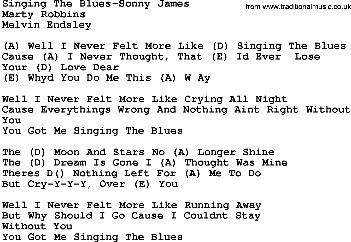 Country music song: Singing The Blues-Sonny James lyrics and chords