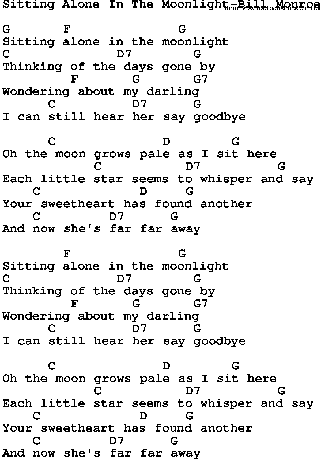 Country music song: Sitting Alone In The Moonlight-Bill Monroe lyrics and chords