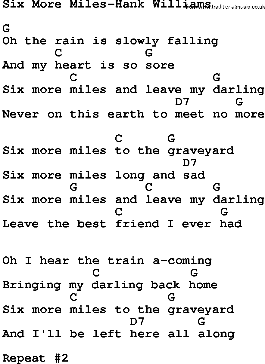 Country music song: Six More Miles-Hank Williams lyrics and chords