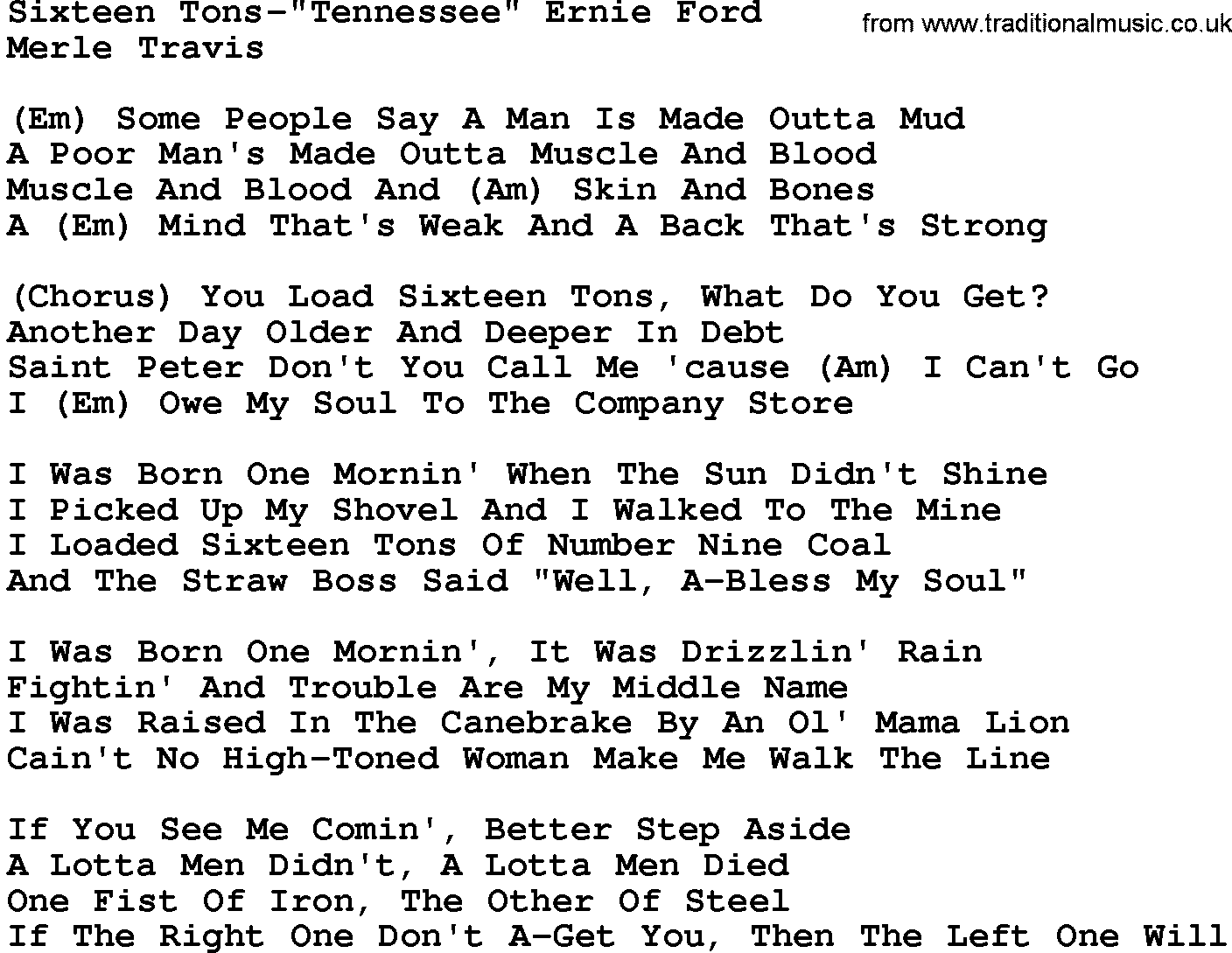 Country music song: Sixteen Tons-Tennessee Ernie Ford lyrics and chords
