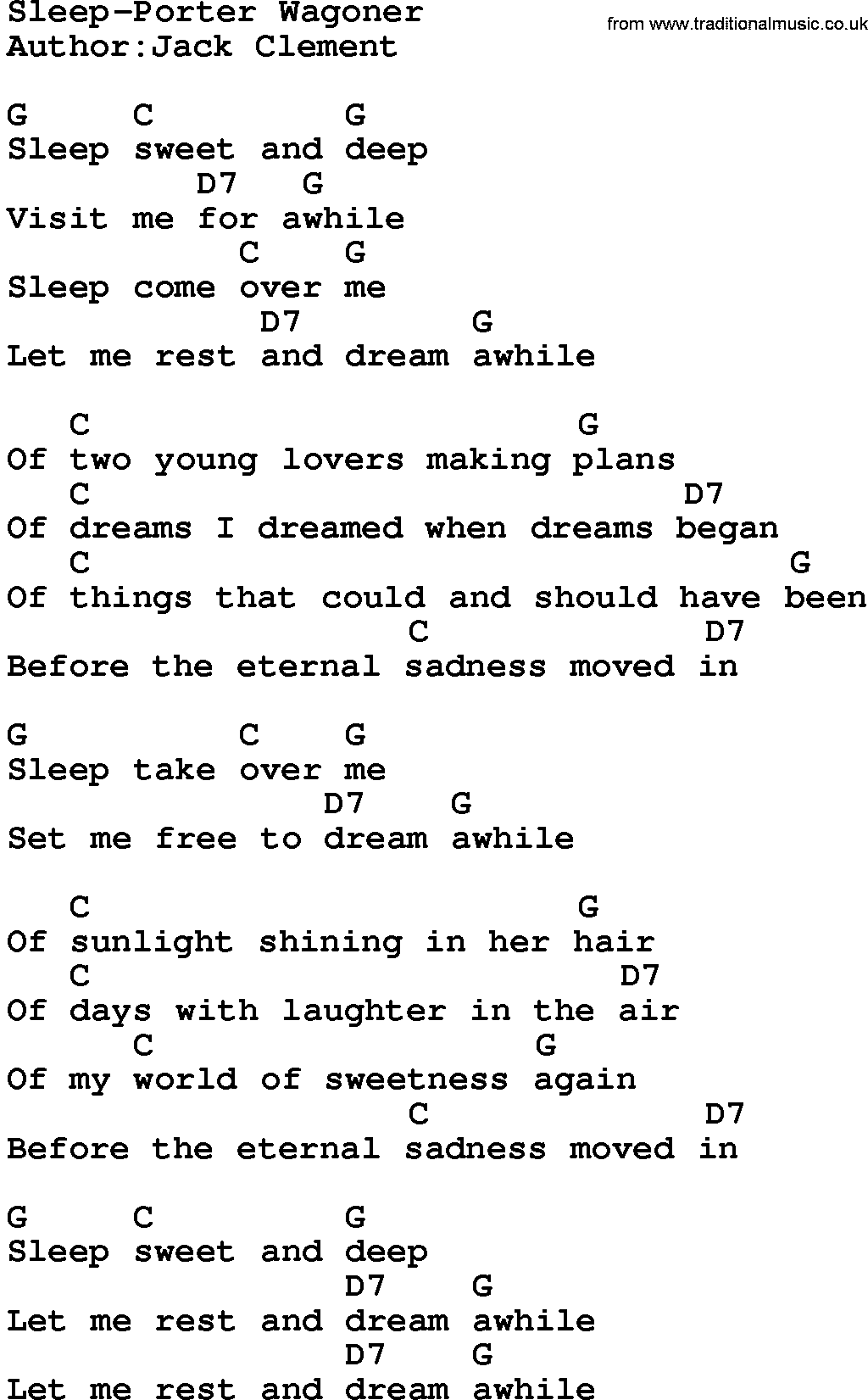 Country music song: Sleep-Porter Wagoner lyrics and chords