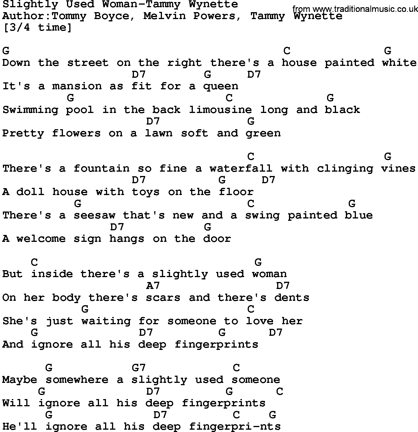 Country music song: Slightly Used Woman-Tammy Wynette lyrics and chords